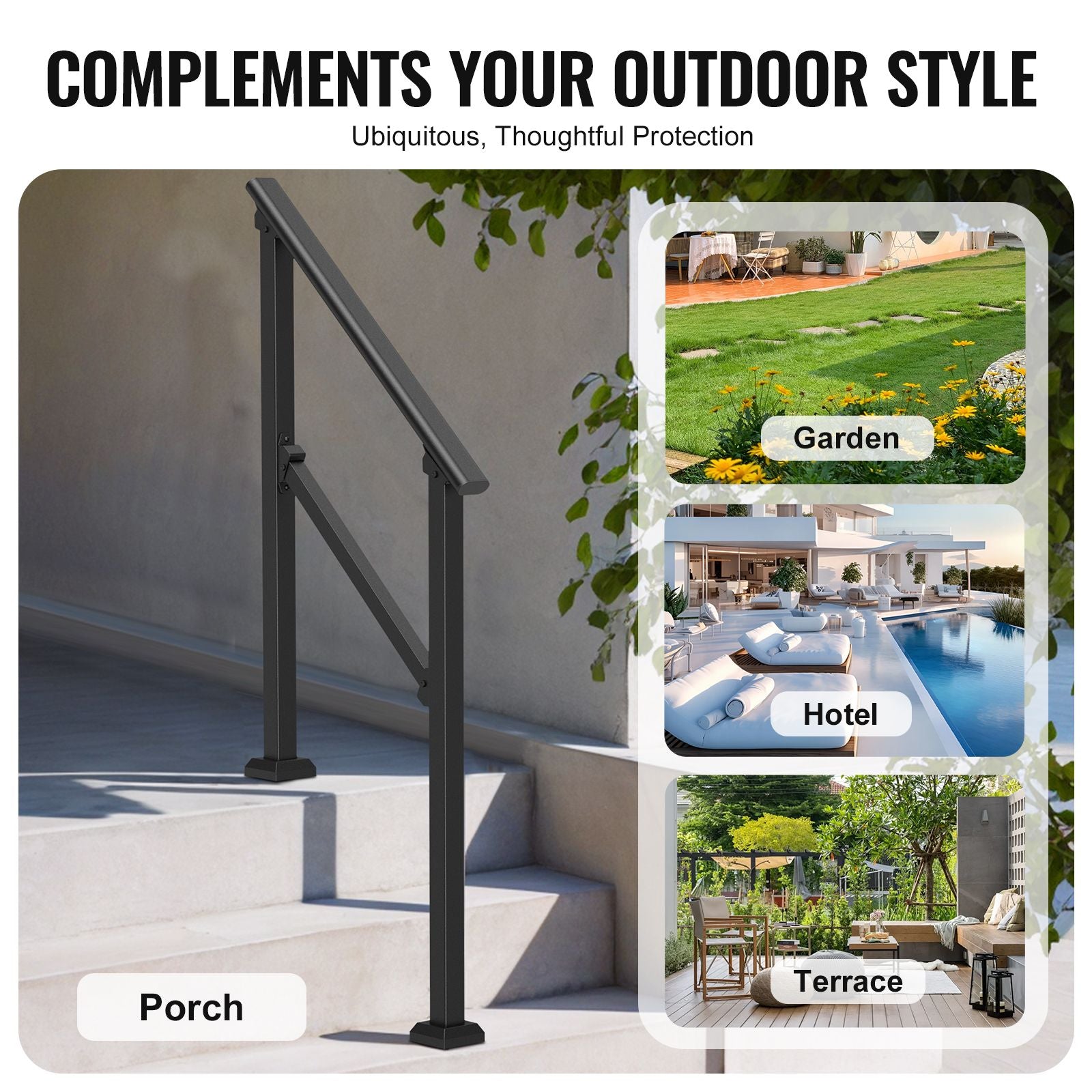 Handrails for Outdoor Steps, 2-3 Step Stair Hand Rail Kit, Transitional Carbon Steel Railings with Installation Kit, Stair Rails for Seniors, Concrete Steps & Porch & Deck, Black Square Tube
