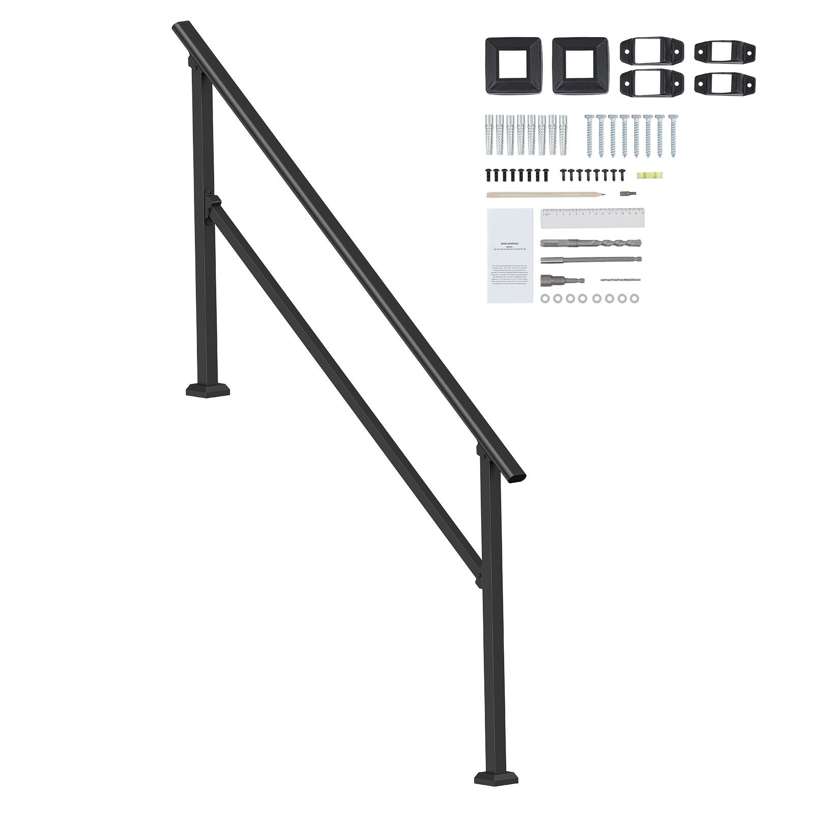 Handrails for Outdoor Steps, 5 Step Stair Hand Rail Kit, Transitional Carbon Steel Railings with Installation Kit, Stair Rails for Seniors, Concrete Steps & Porch & Deck, Black Square Tube
