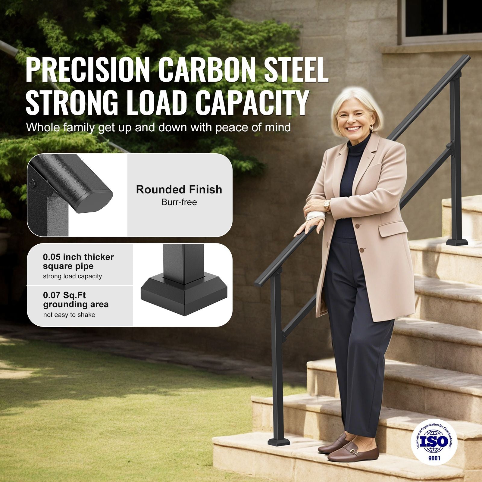 Handrails for Outdoor Steps, 5 Step Stair Hand Rail Kit, Transitional Carbon Steel Railings with Installation Kit, Stair Rails for Seniors, Concrete Steps & Porch & Deck, Black Square Tube