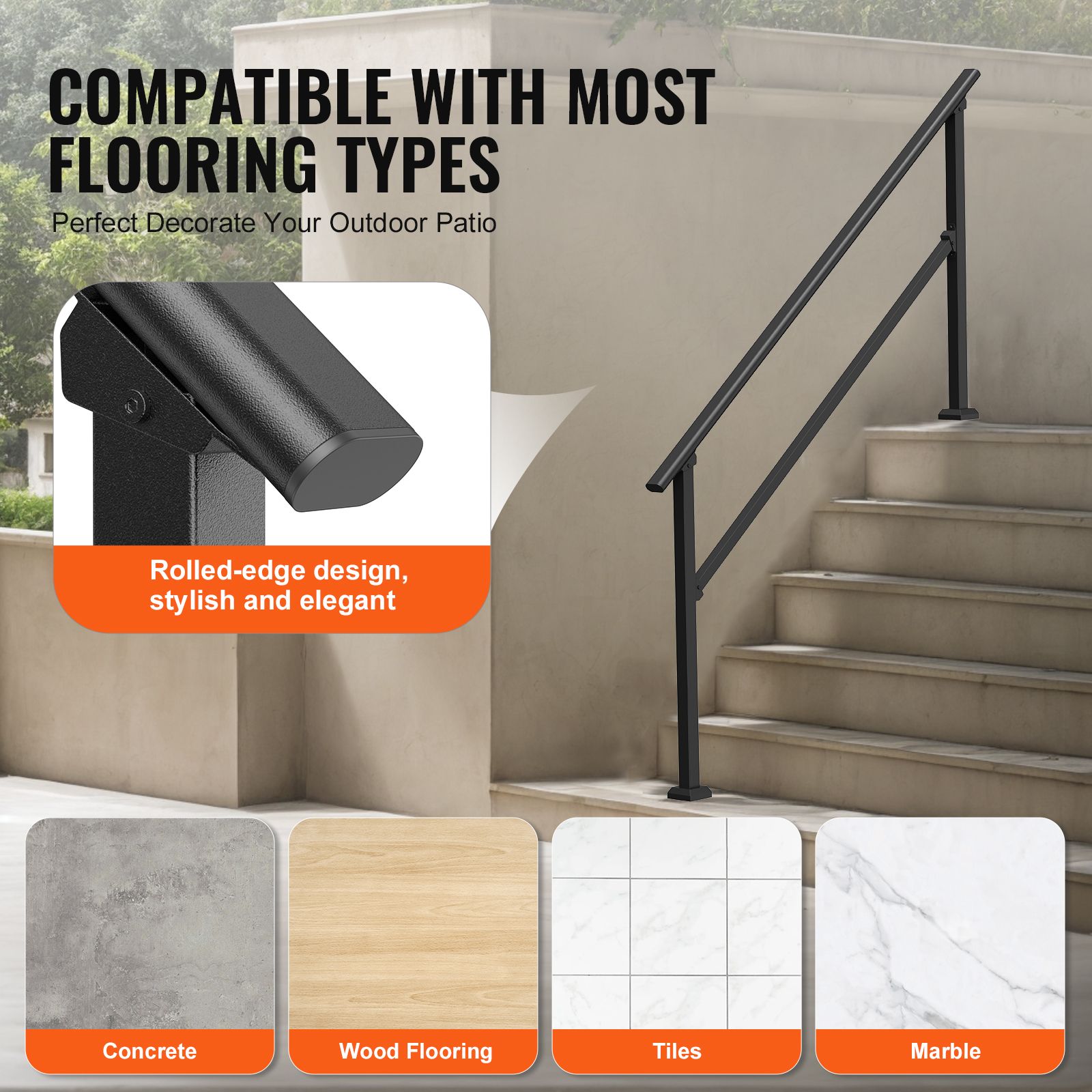 Handrails for Outdoor Steps, 5 Step Stair Hand Rail Kit, Transitional Carbon Steel Railings with Installation Kit, Stair Rails for Seniors, Concrete Steps & Porch & Deck, Black Square Tube