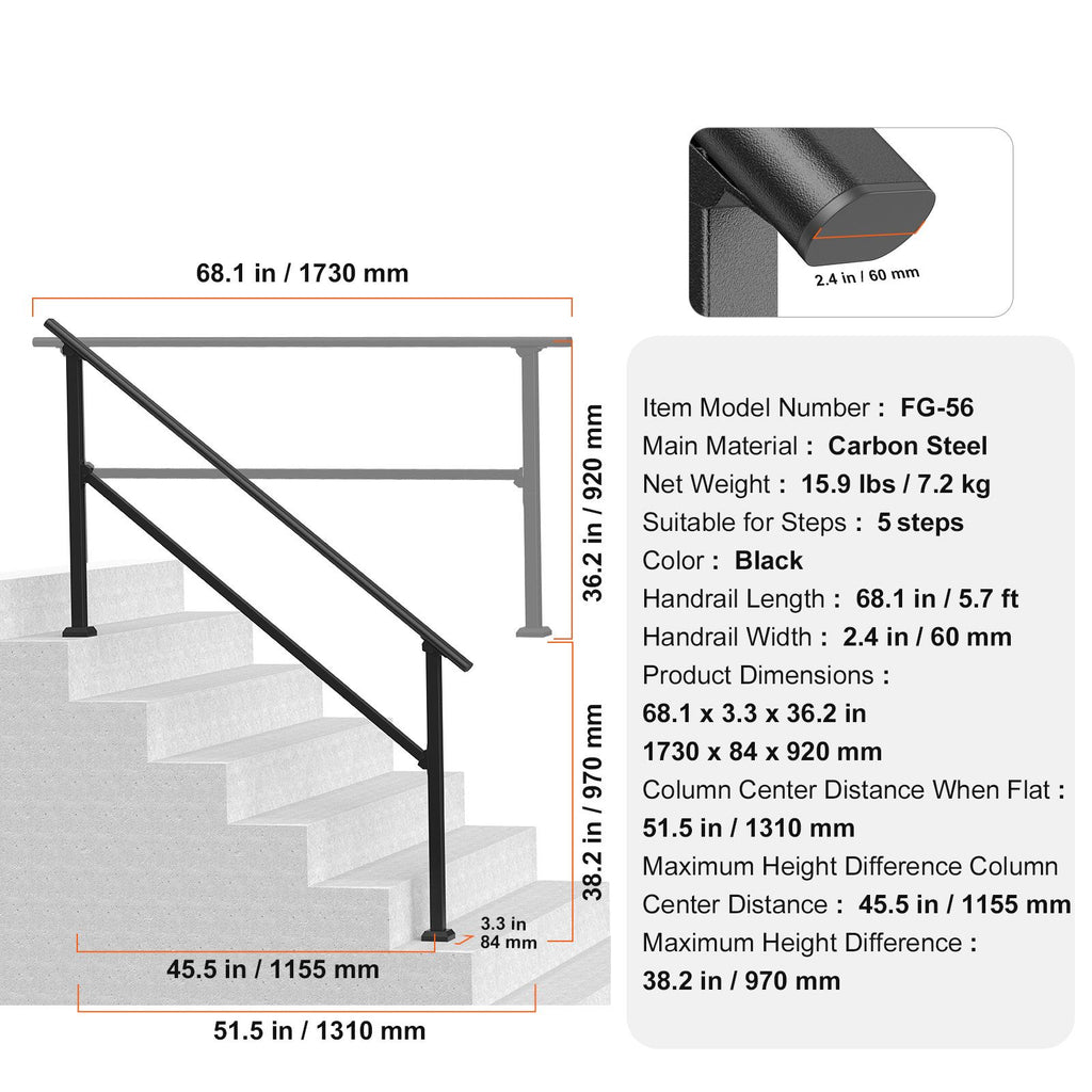 Handrails for Outdoor Steps, 5 Step Stair Hand Rail Kit, Transitional Carbon Steel Railings with Installation Kit, Stair Rails for Seniors, Concrete Steps & Porch & Deck, Black Square Tube
