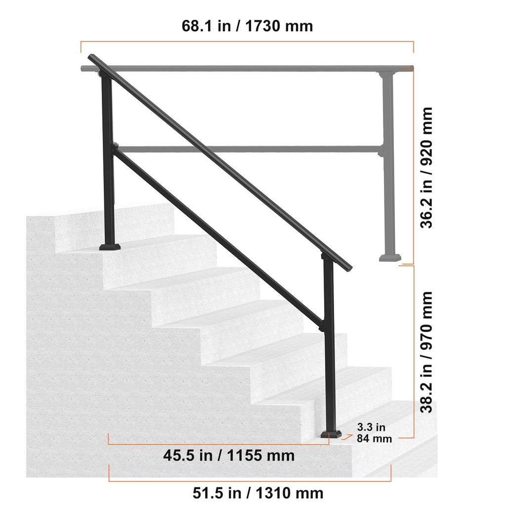 Handrails for Outdoor Steps, 5 Step Stair Hand Rail Kit, Transitional Carbon Steel Railings with Installation Kit, Stair Rails for Seniors, Concrete Steps & Porch & Deck, Black Square Tube