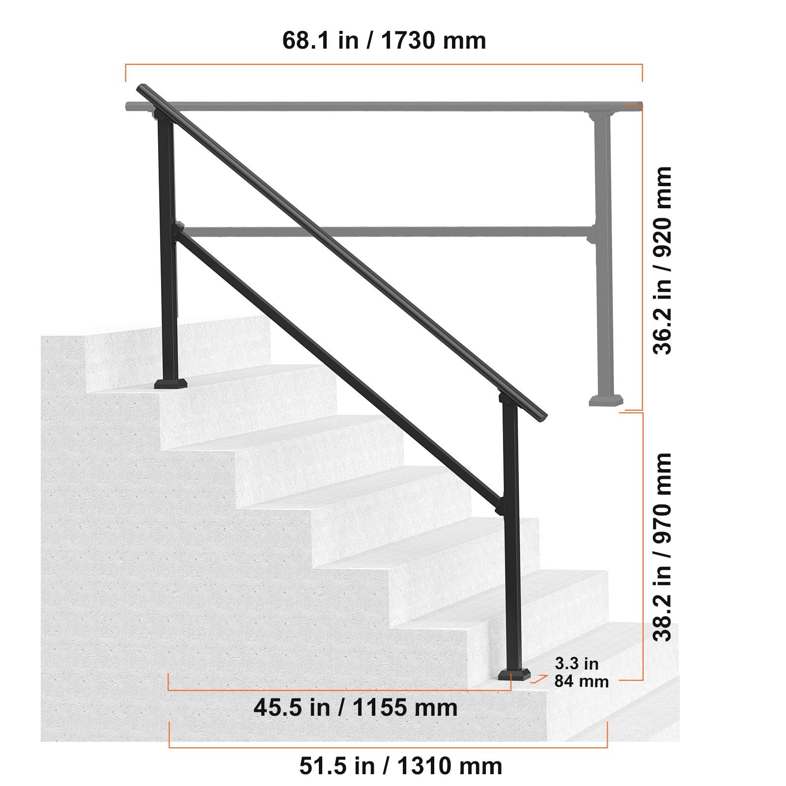 Handrails for Outdoor Steps, 5 Step Stair Hand Rail Kit, Transitional Carbon Steel Railings with Installation Kit, Stair Rails for Seniors, Concrete Steps & Porch & Deck, Black Square Tube