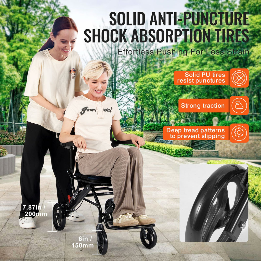 Wheelchair, Aluminum Alloy Ultra-Lightweight Transport Chair for Adults, Foldable Cabin Wheelchair with Flip-Back Desk-Length Arms, Self-locking Brake, 15.75-Inch Wide Seat, 220lbs Load
