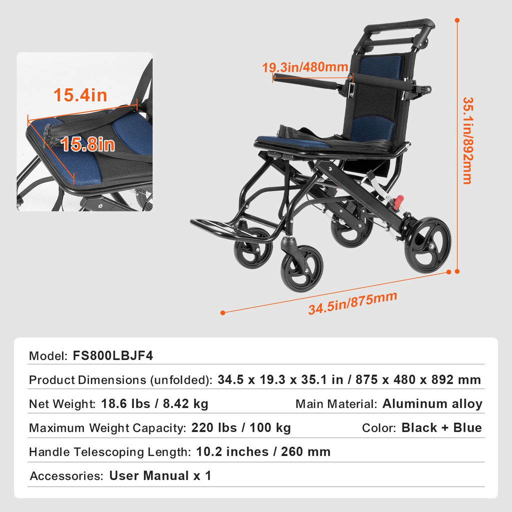 Wheelchair, Aluminum Alloy Ultra-Lightweight Transport Chair for Adults, Foldable Cabin Wheelchair with Flip-Back Desk-Length Arms, Self-locking Brake, 15.75-Inch Wide Seat, 220lbs Load