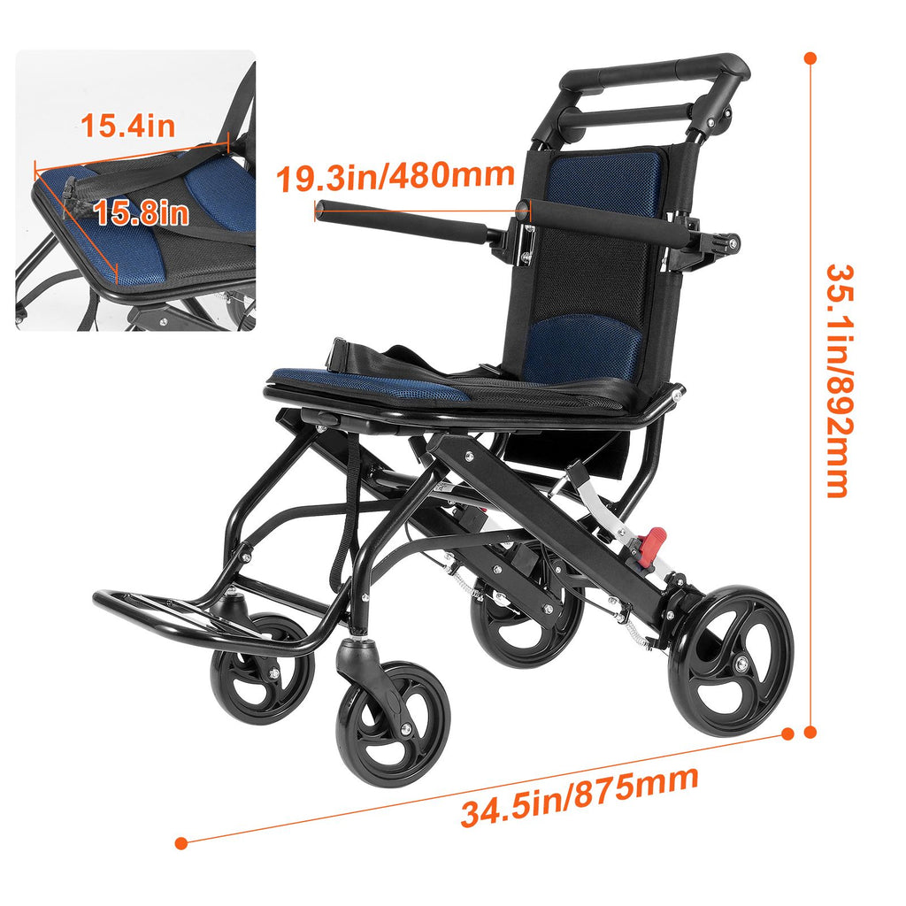 Wheelchair, Aluminum Alloy Ultra-Lightweight Transport Chair for Adults, Foldable Cabin Wheelchair with Flip-Back Desk-Length Arms, Self-locking Brake, 15.75-Inch Wide Seat, 220lbs Load