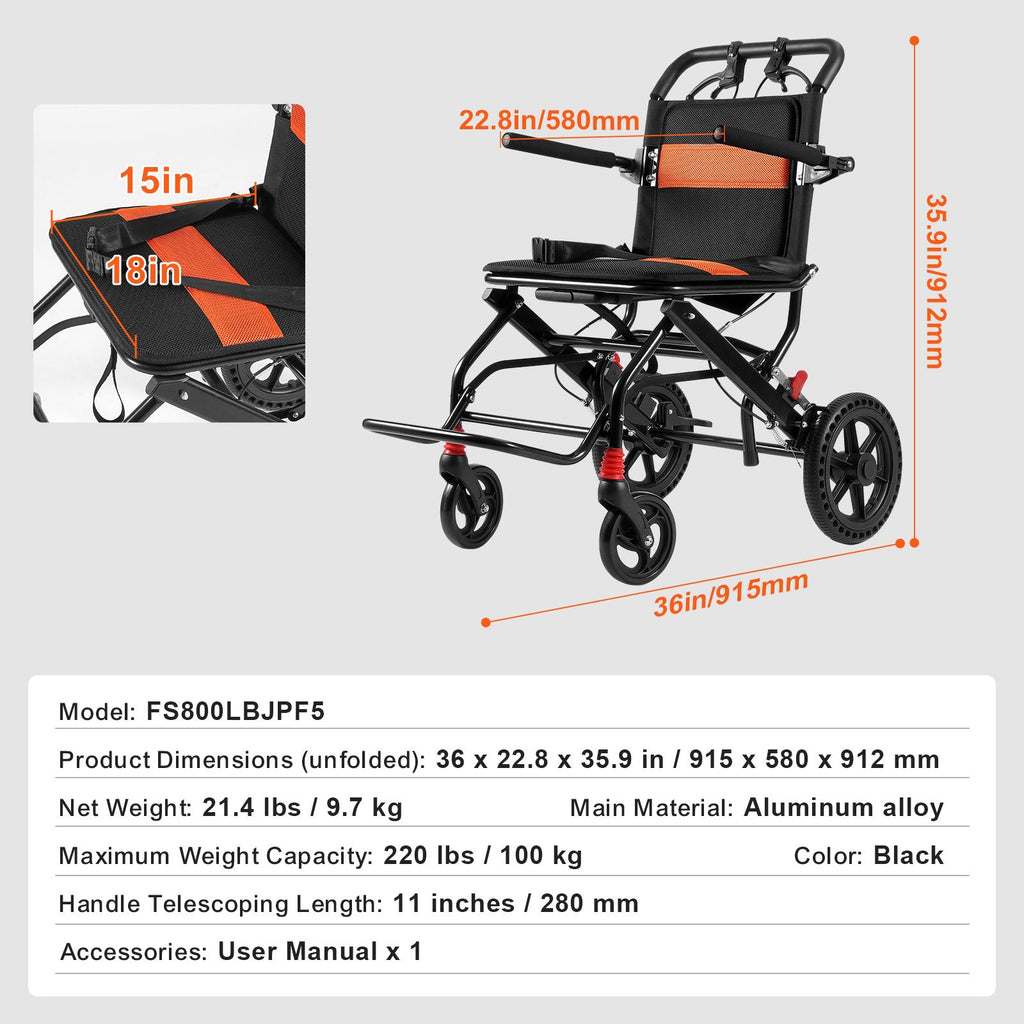 Wheelchair Aluminum Alloy Transport Chair Foldable 18-In W Seat 220lbs