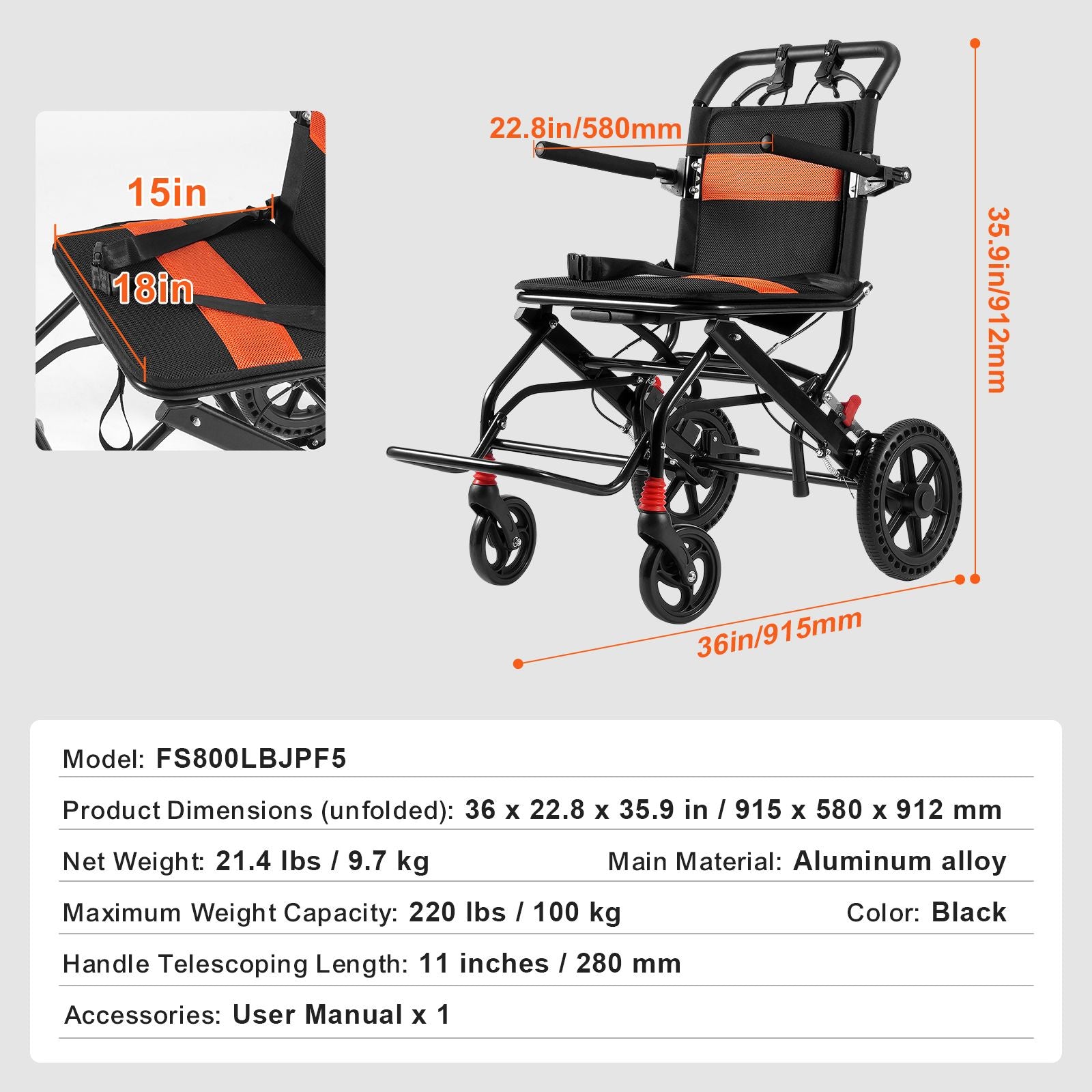 Wheelchair Aluminum Alloy Transport Chair Foldable 18-In W Seat 220lbs