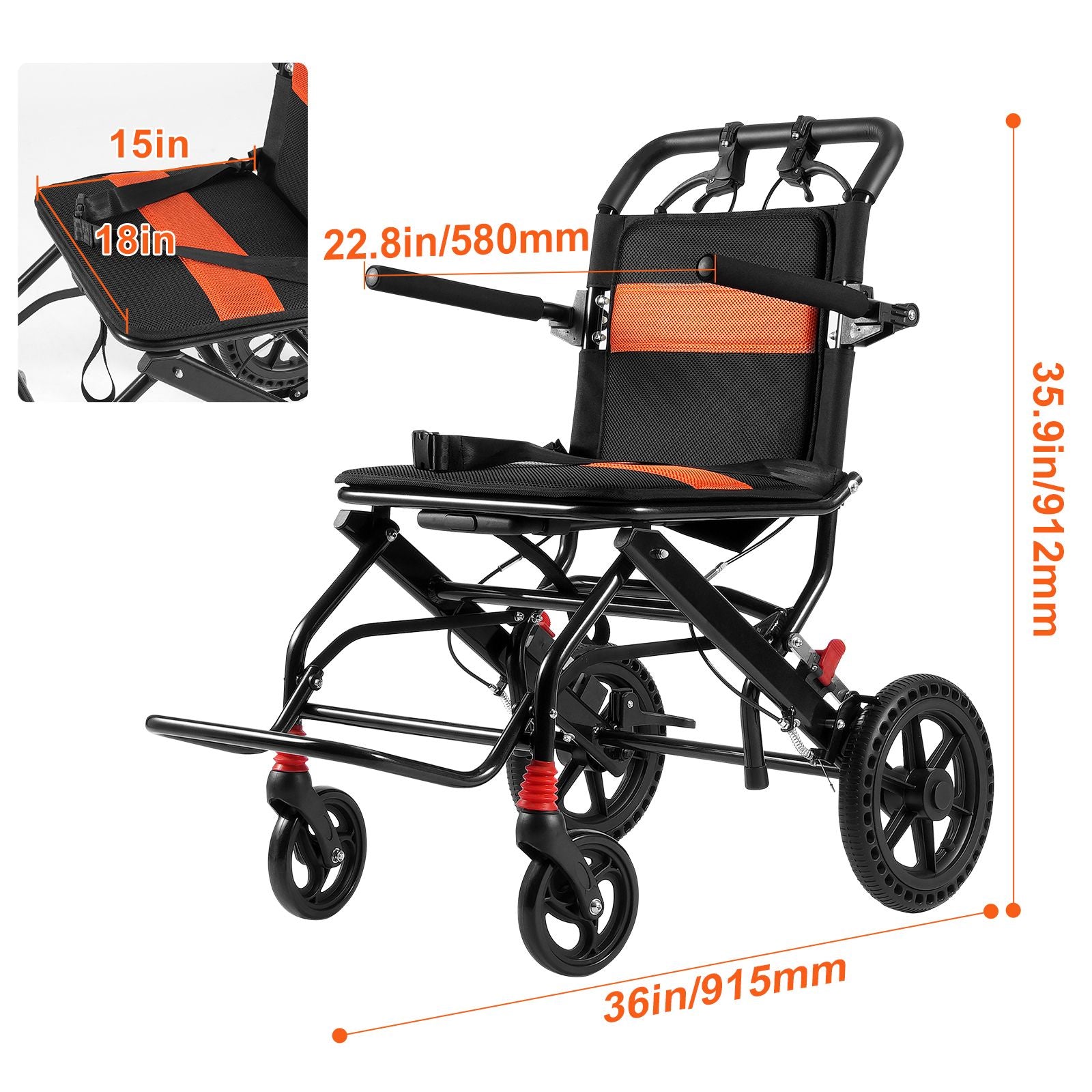Wheelchair Aluminum Alloy Transport Chair Foldable 18-In W Seat 220lbs