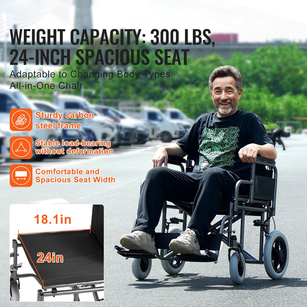 Wheelchair Steel Transport Chair Foldable Wheelchair 24-In W Seat 300lbs