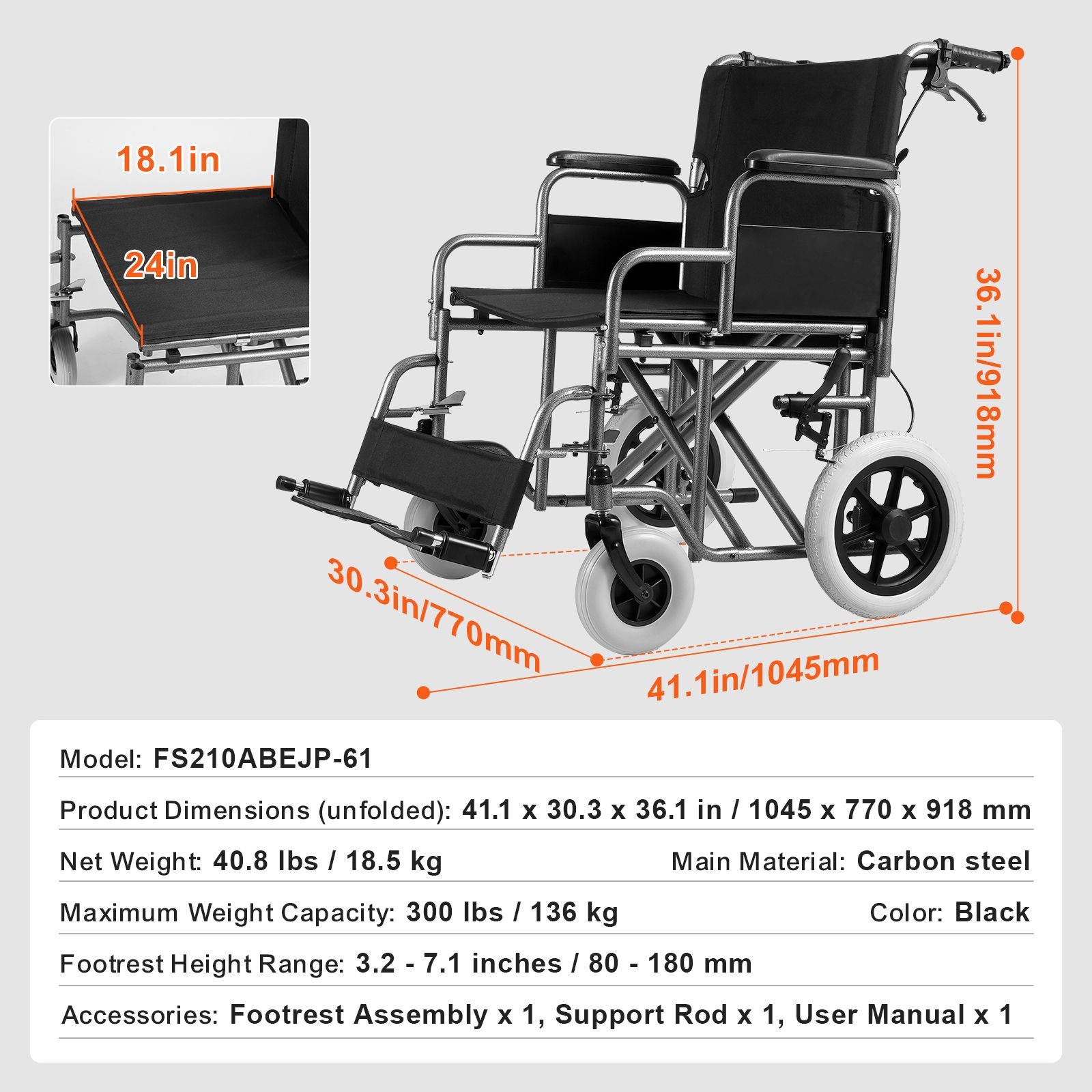 Wheelchair Steel Transport Chair Foldable Wheelchair 24-In W Seat 300lbs