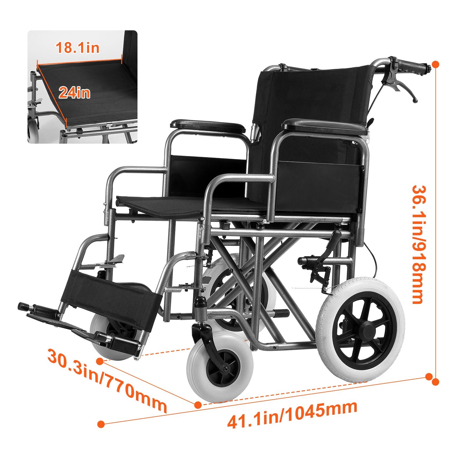 Wheelchair Steel Transport Chair Foldable Wheelchair 24-In W Seat 300lbs