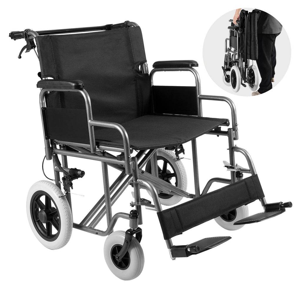 Wheelchair Steel Transport Chair Foldable Wheelchair 24-In W Seat 300lbs