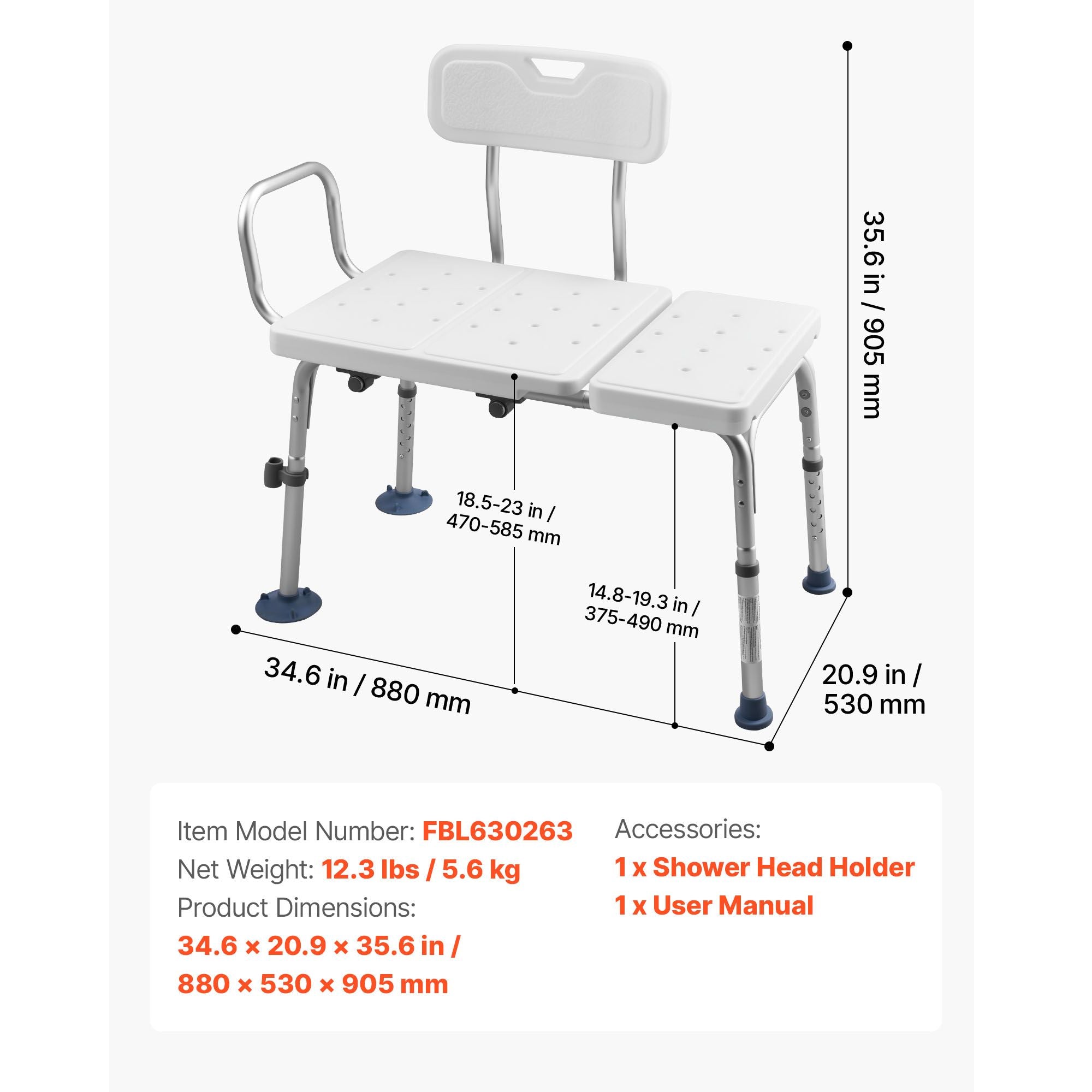 Tub Transfer Bench for Bathtub, 180 kg Capacity Heavy Duty Shower Chair with Arm, Backrest and Curtain Slot, Height Adjustable Shower Bench Bath Seat for Adults, Seniors, Elderly and Disabled