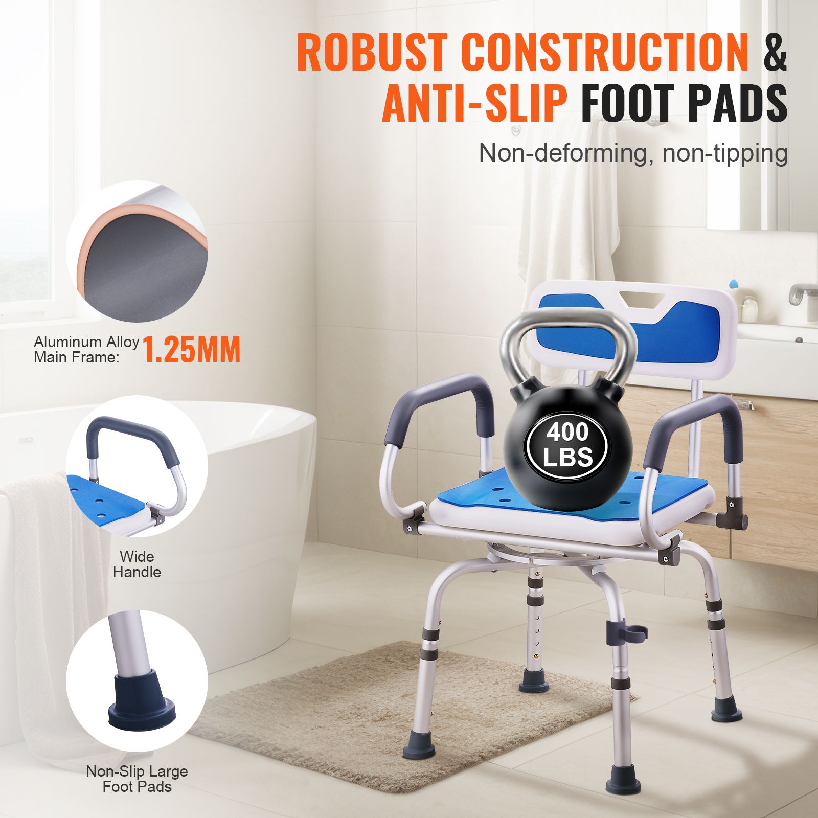Swivel Shower Chair 360 Degree, Adjustable Shower Seat with Pivoting Arms for Inside Showers or Tubs, Non-Slip Rotating Bathtub Shower Chair for Elderly Disabled Injured, 400LBS Capacity