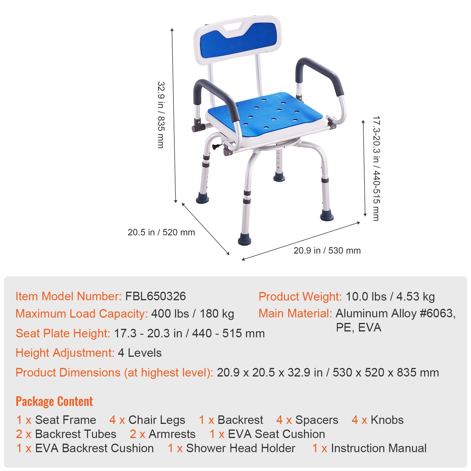 Swivel Shower Chair 360 Degree, Adjustable Shower Seat with Pivoting Arms for Inside Showers or Tubs, Non-Slip Rotating Bathtub Shower Chair for Elderly Disabled Injured, 400LBS Capacity