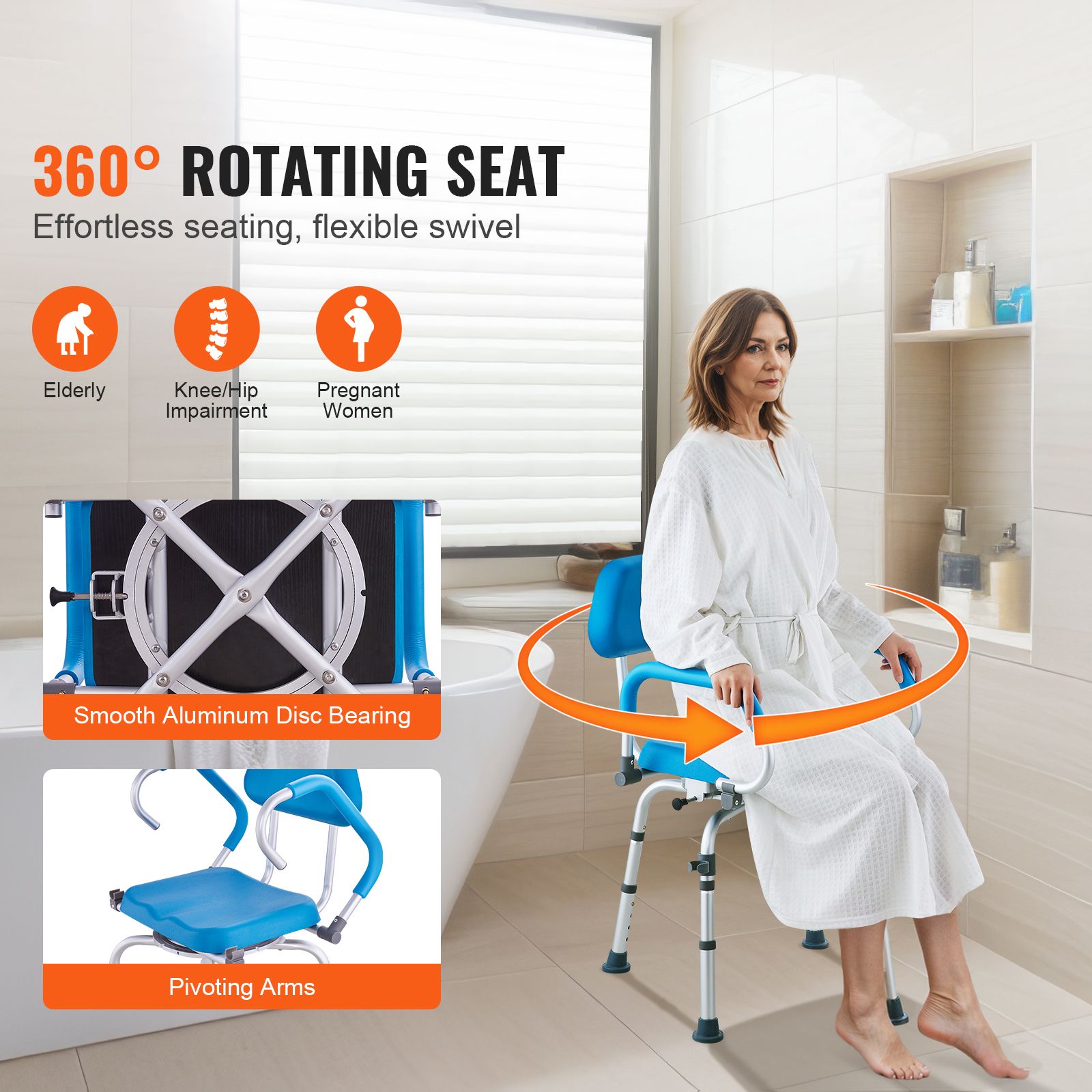 Swivel Shower Chair 360 Degree, Adjustable Shower Seat with Pivoting Arms & Padded Bath Seat for Inside Shower or Tub, Non-Slip Rotating Bathtub Chair for Elderly Disabled, 300LBS Capacity