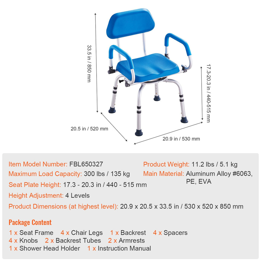 Swivel Shower Chair 360 Degree, Adjustable Shower Seat with Pivoting Arms & Padded Bath Seat for Inside Shower or Tub, Non-Slip Rotating Bathtub Chair for Elderly Disabled, 300LBS Capacity