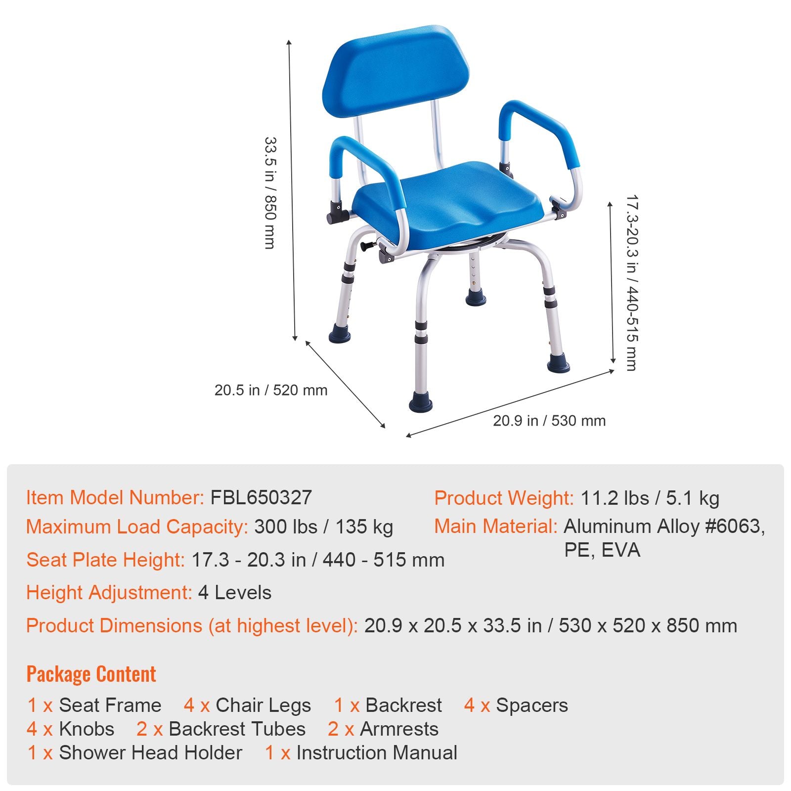 Swivel Shower Chair 360 Degree, Adjustable Shower Seat with Pivoting Arms & Padded Bath Seat for Inside Shower or Tub, Non-Slip Rotating Bathtub Chair for Elderly Disabled, 300LBS Capacity