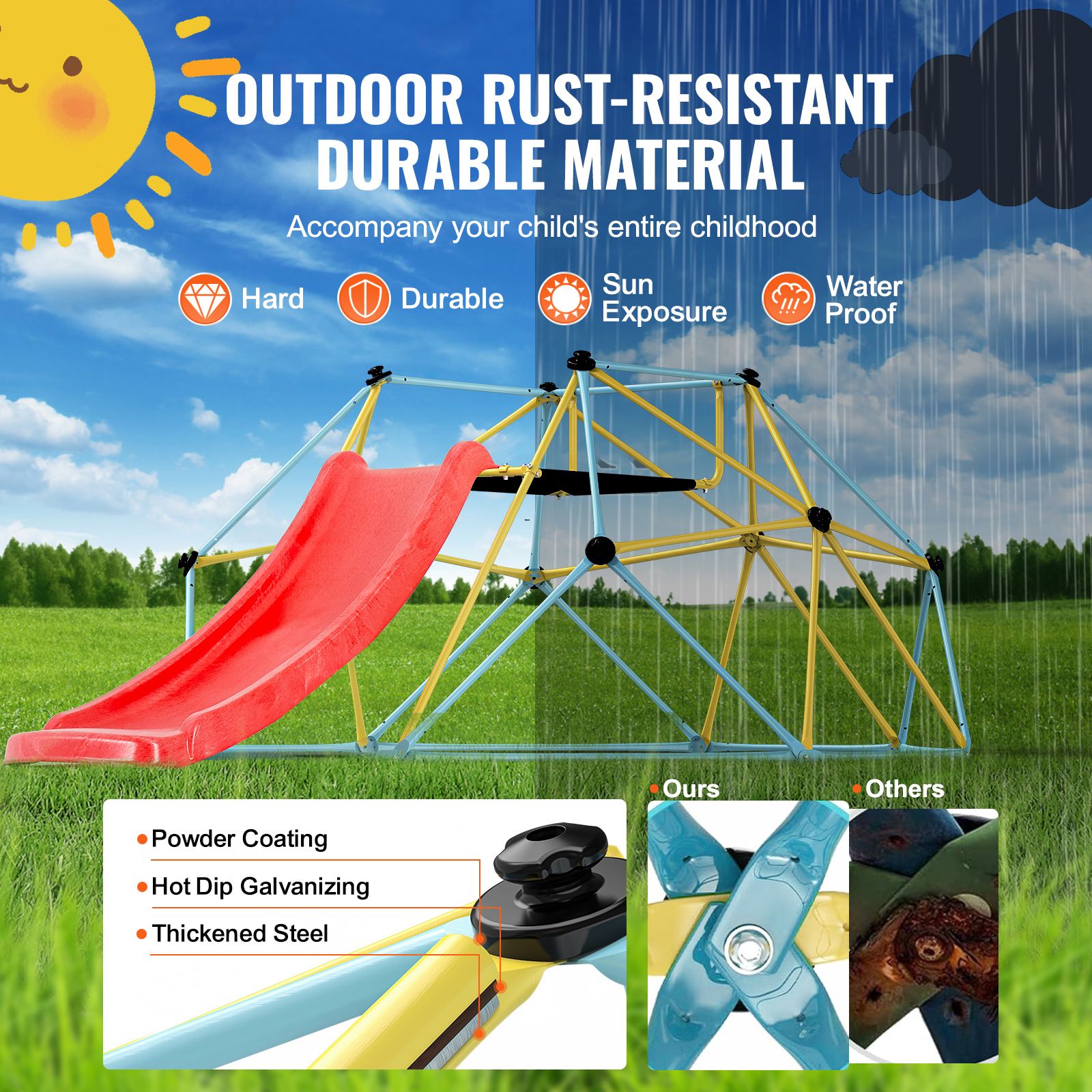 Climbing Dome, 8FT Geometric Dome Climber with Slide, for Kids 3 to 9 Years Old, Jungle Gym Supports 600LBS and Easy Assembly, with Climbing Grip, Outdoor and Indoor Play Equipment for Kids