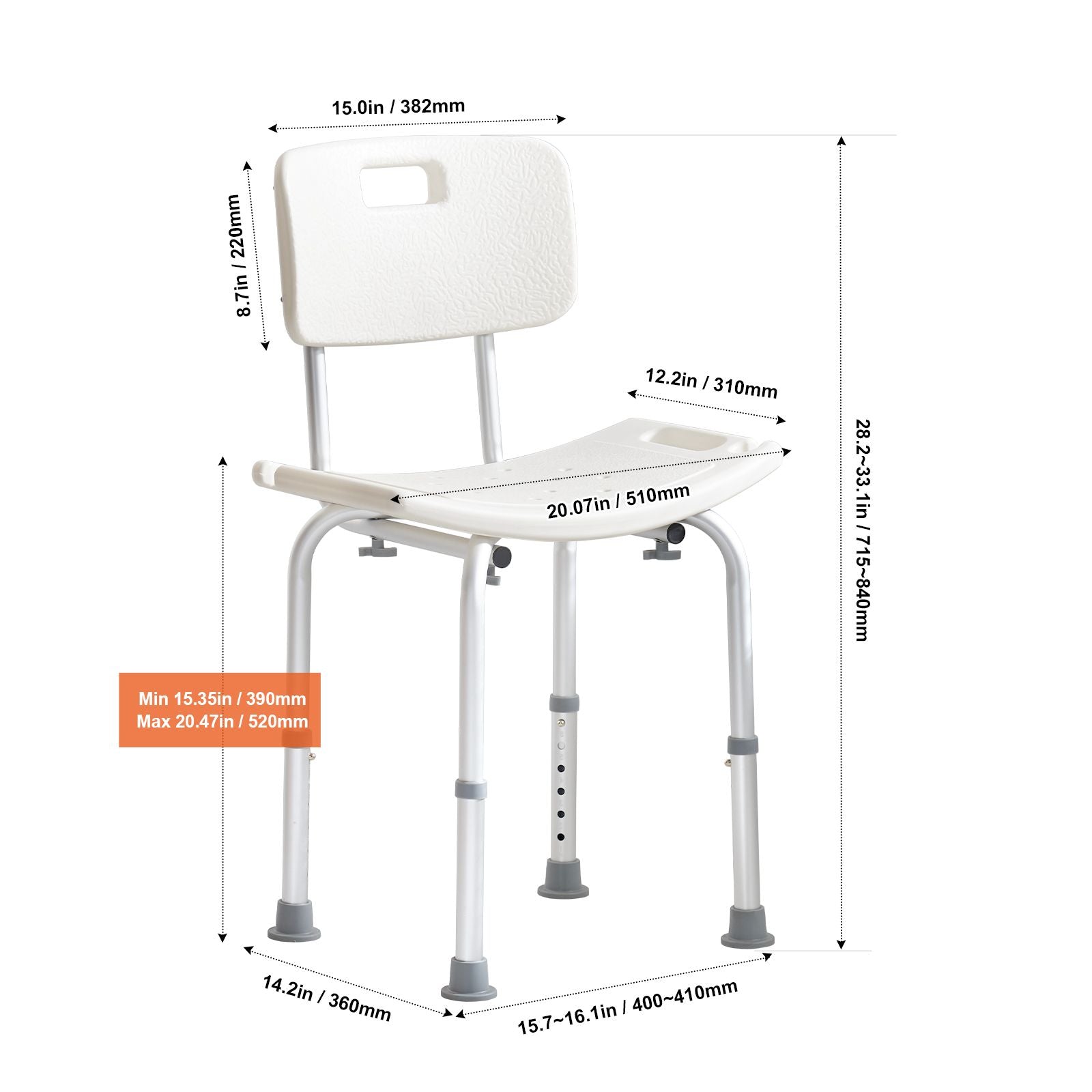 Shower Chair, Shower Seat with Back, Adjustable Height Shower Stool, Shower Chair for Inside Shower Bathtub, Non-slip Bathroom Bench Bath Chair for Elderly Disabled Handicap, 158.8 kg Capacity