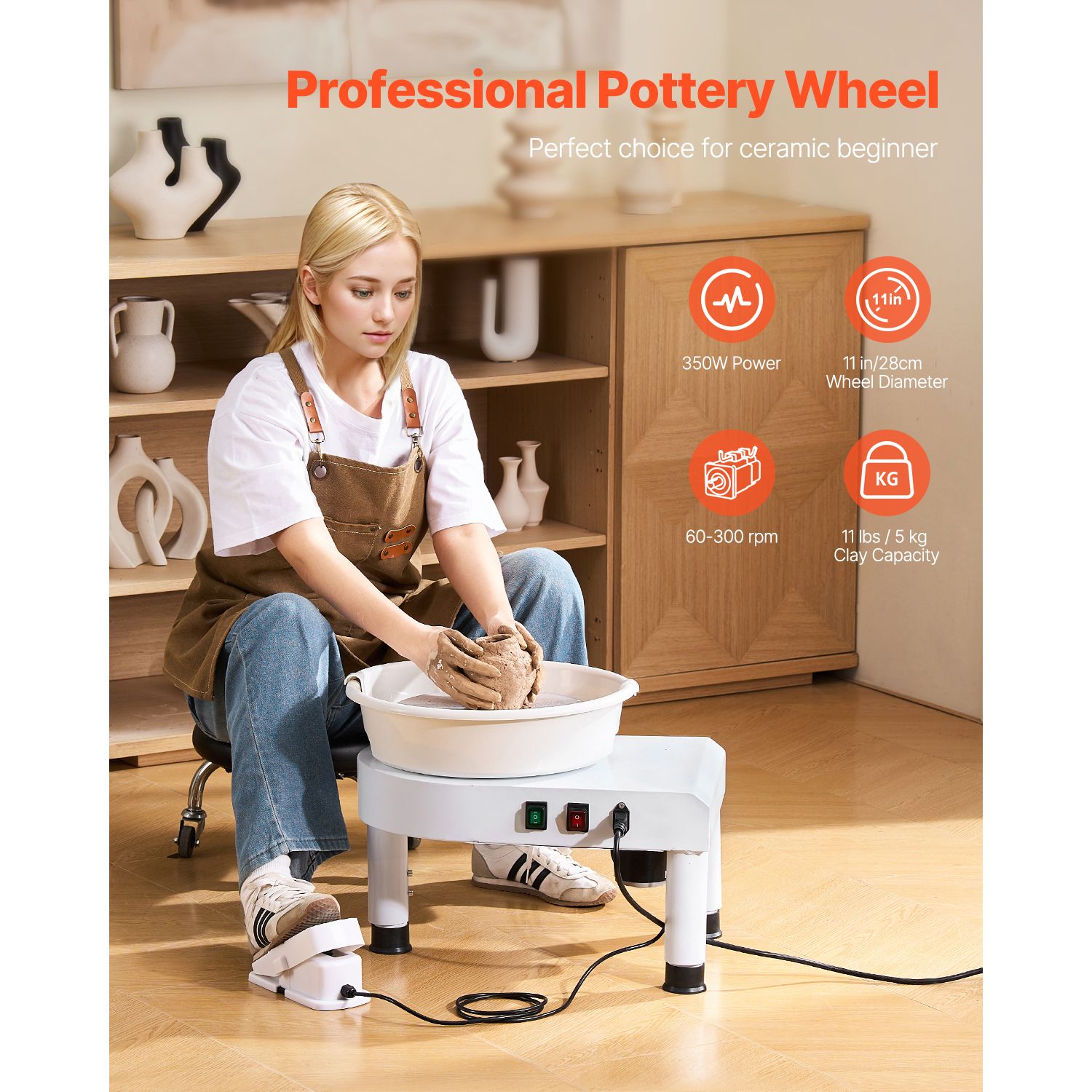 Pottery Wheel, 28 cm Ceramic Wheel Forming Machine, 60-300 RPM Speed Adjustable Foot Pedal, Adjustable Lift Leg, Detachable Basin, Complete Tool Accessory Kit for Work Art Craft DIY, White