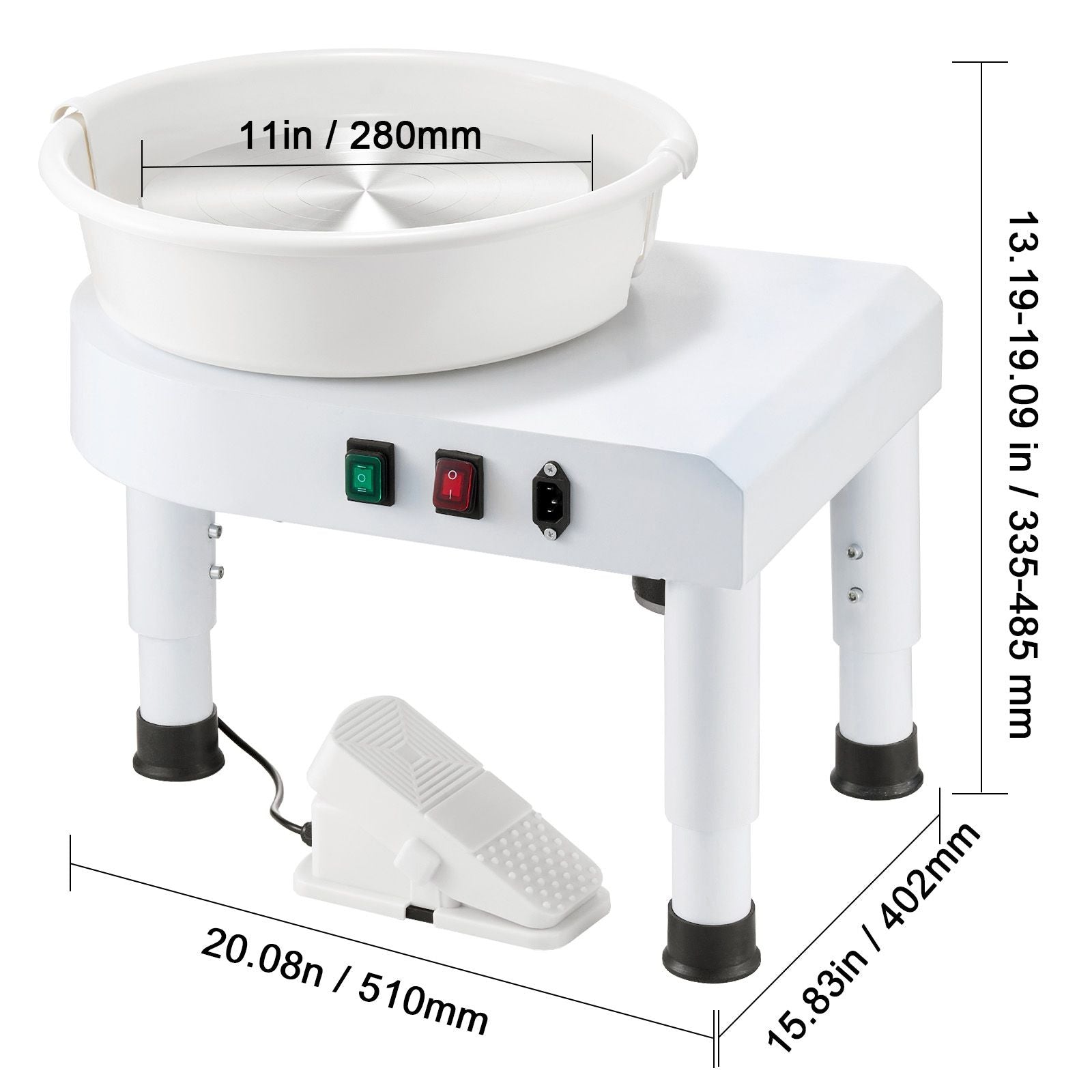 Pottery Wheel, 28 cm Ceramic Wheel Forming Machine, 60-300 RPM Speed Adjustable Foot Pedal, Adjustable Lift Leg, Detachable Basin, Complete Tool Accessory Kit for Work Art Craft DIY, White