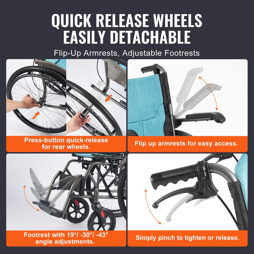 Wheelchair, Durable Aluminum Alloy Ultra-Lightweight Wheelchairs, Portable Wheelchair with Flip-Back Desk-Length Arms, 3-Position Adjustable Footrests, 18-Inch Wide Seat, 250lbs Weight Capacity