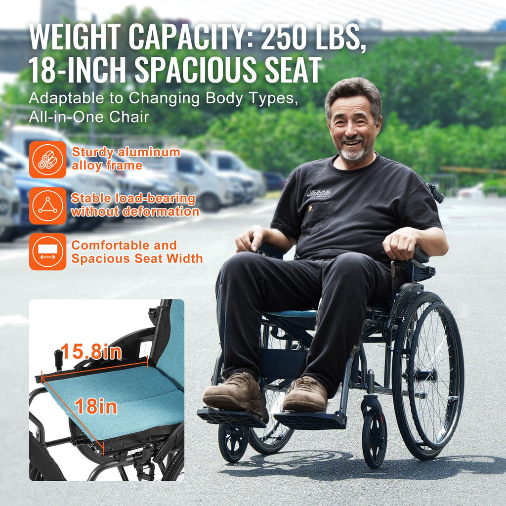 Wheelchair, Durable Aluminum Alloy Ultra-Lightweight Wheelchairs, Portable Wheelchair with Flip-Back Desk-Length Arms, 3-Position Adjustable Footrests, 18-Inch Wide Seat, 250lbs Weight Capacity