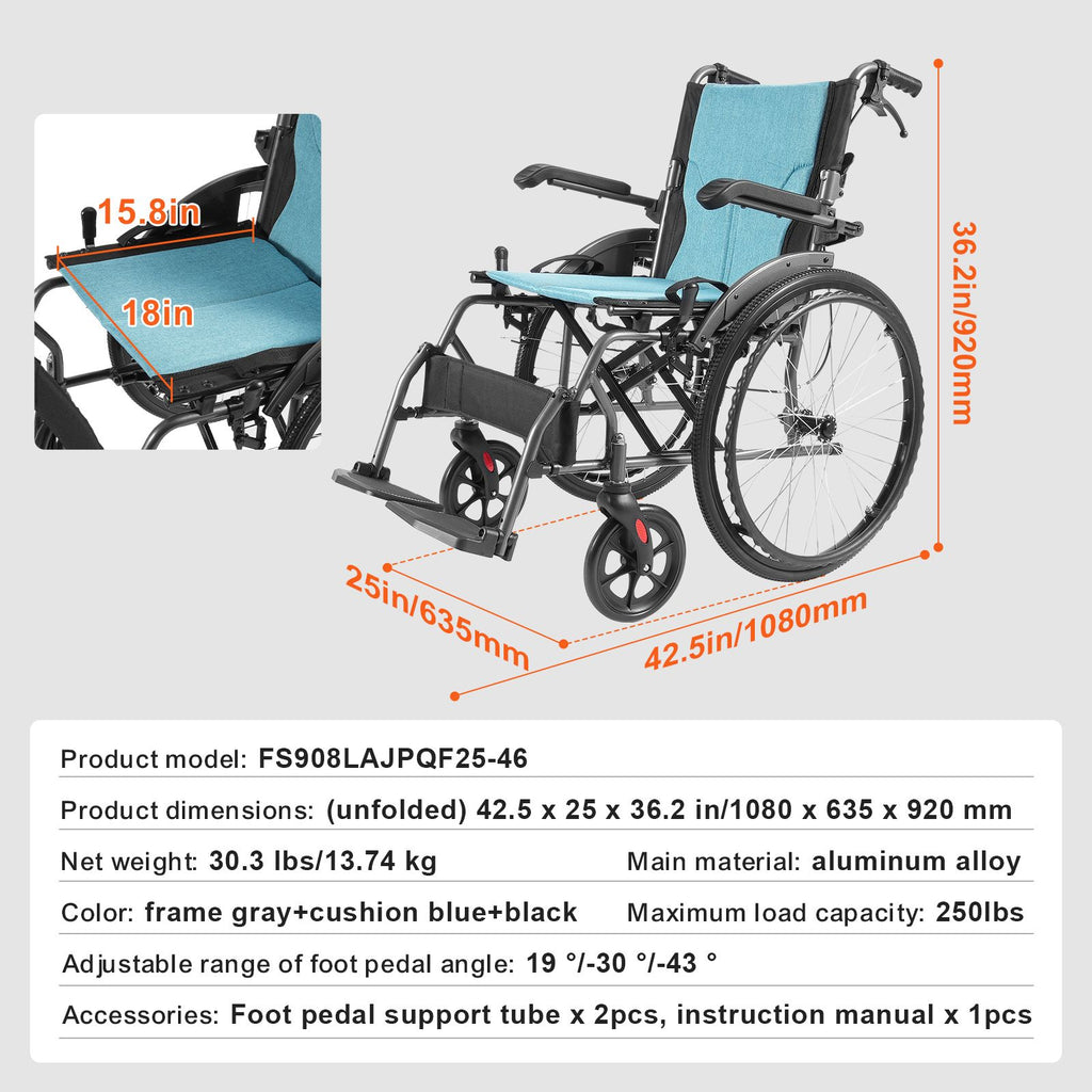 Wheelchair, Durable Aluminum Alloy Ultra-Lightweight Wheelchairs, Portable Wheelchair with Flip-Back Desk-Length Arms, 3-Position Adjustable Footrests, 18-Inch Wide Seat, 250lbs Weight Capacity