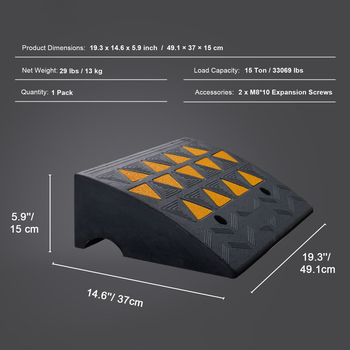 Rubber Curb Ramp 15.2 cm Rise Height Sidewalk Curb Ramp, 37 cm Width 49.1 cm Length Driveway Ramp for Curb, 15T Heavy Duty Rubber Ramp for Forklifts, Trucks, Buses, Cars, Wheelchairs, Bikes