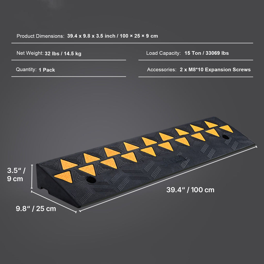 Rubber Curb Ramp 9.4 cm Rise Height Sidewalk Curb Ramp, 25 cm Width 100 cm Length Driveway Ramp for Curb, 15T Heavy Duty Rubber Ramp for Forklifts, Trucks, Buses, Cars, Wheelchairs, Bikes