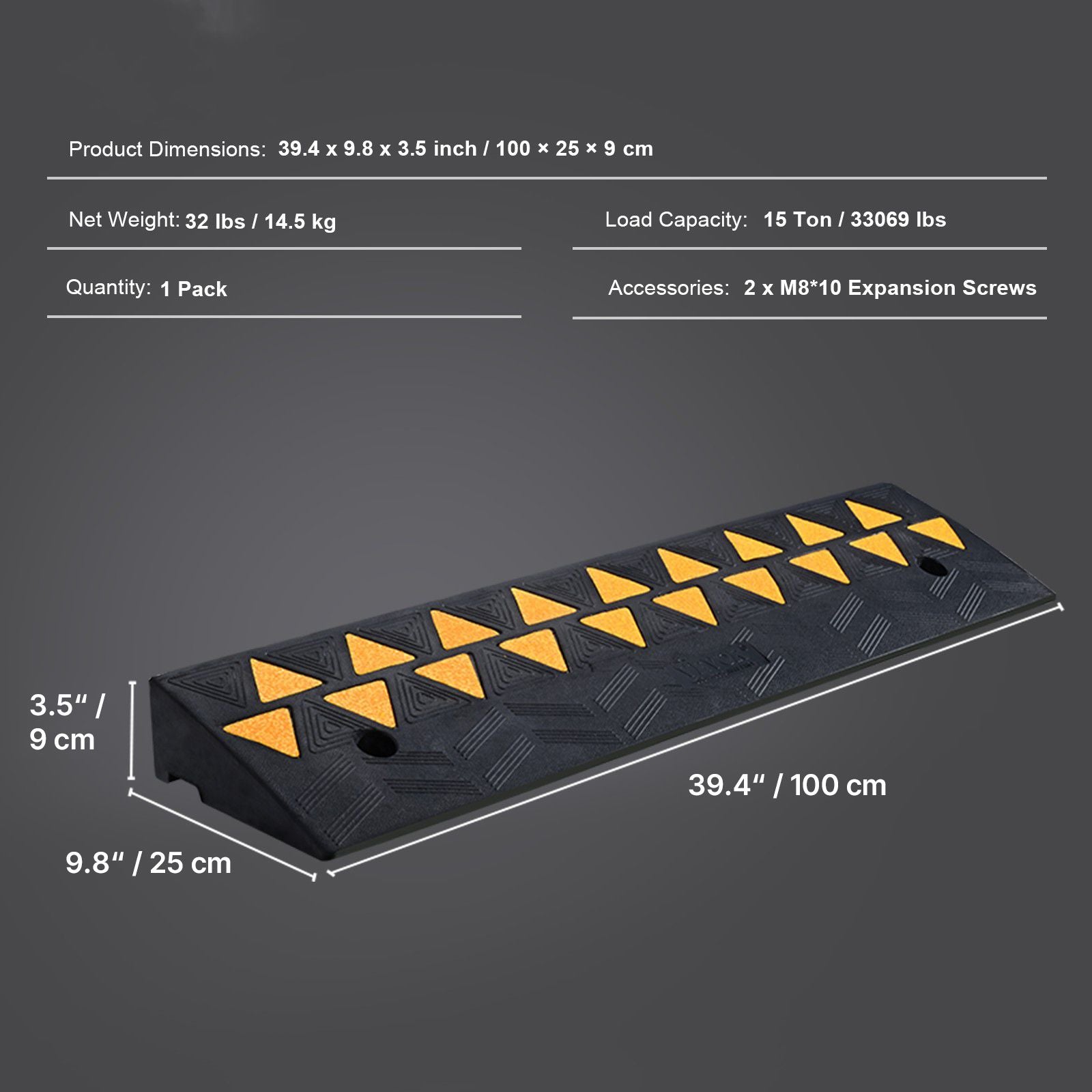 Rubber Curb Ramp 9.4 cm Rise Height Sidewalk Curb Ramp, 25 cm Width 100 cm Length Driveway Ramp for Curb, 15T Heavy Duty Rubber Ramp for Forklifts, Trucks, Buses, Cars, Wheelchairs, Bikes