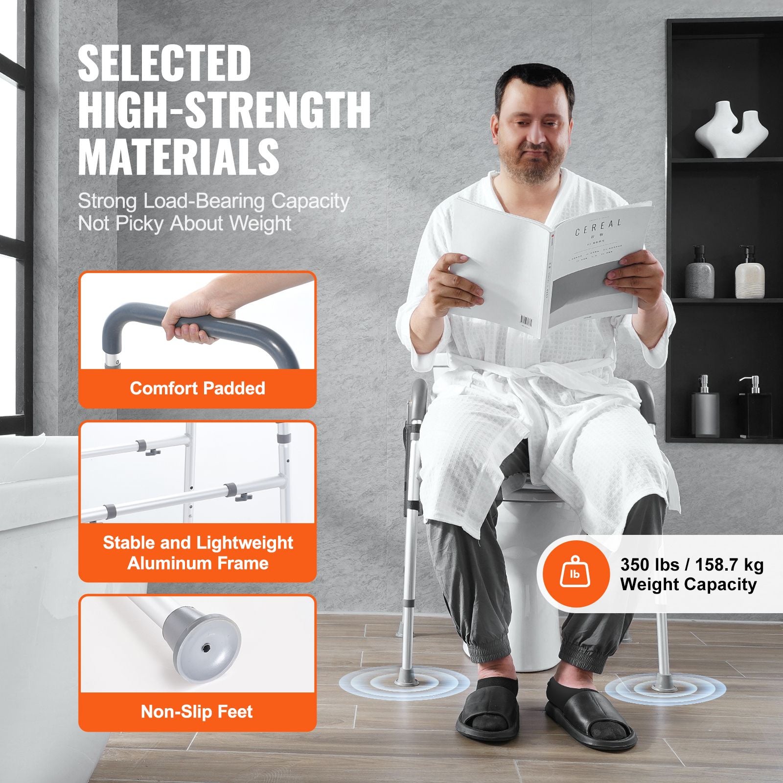 Raised Toilet Seat, 7-Position Height Adjustment 655-805 Mm, 158.7 kg Weight Capacity, with Comfort Padded Aluminum Frame, Universal Toilet Seat Riser, for Elderly, Handicap, Pregnant, Medical