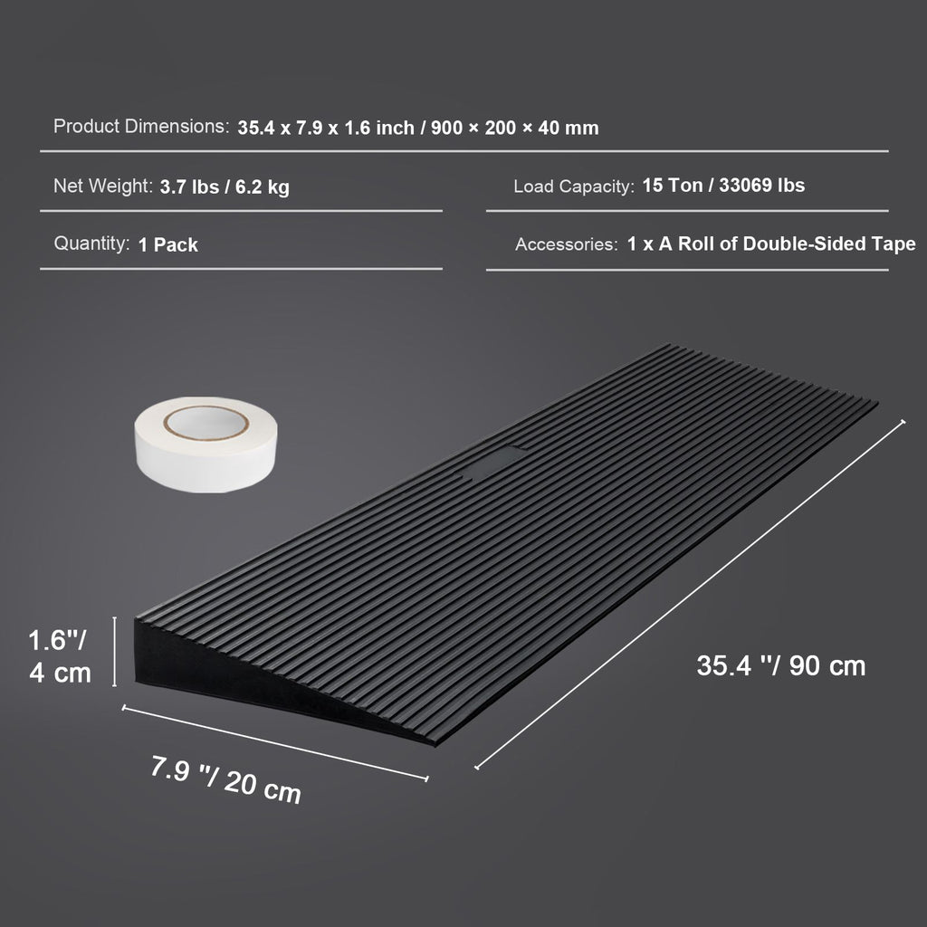 4 cm Rise Cuttable Threshold Ramp for Sweeping Robot, 90 cm Wide Natural Rubber Wheelchair Ramp, Non-Slip Solid Rubber Ramp with Double-Sided Tape for Doorways, Driveways, Bathroom, Smooth Tile