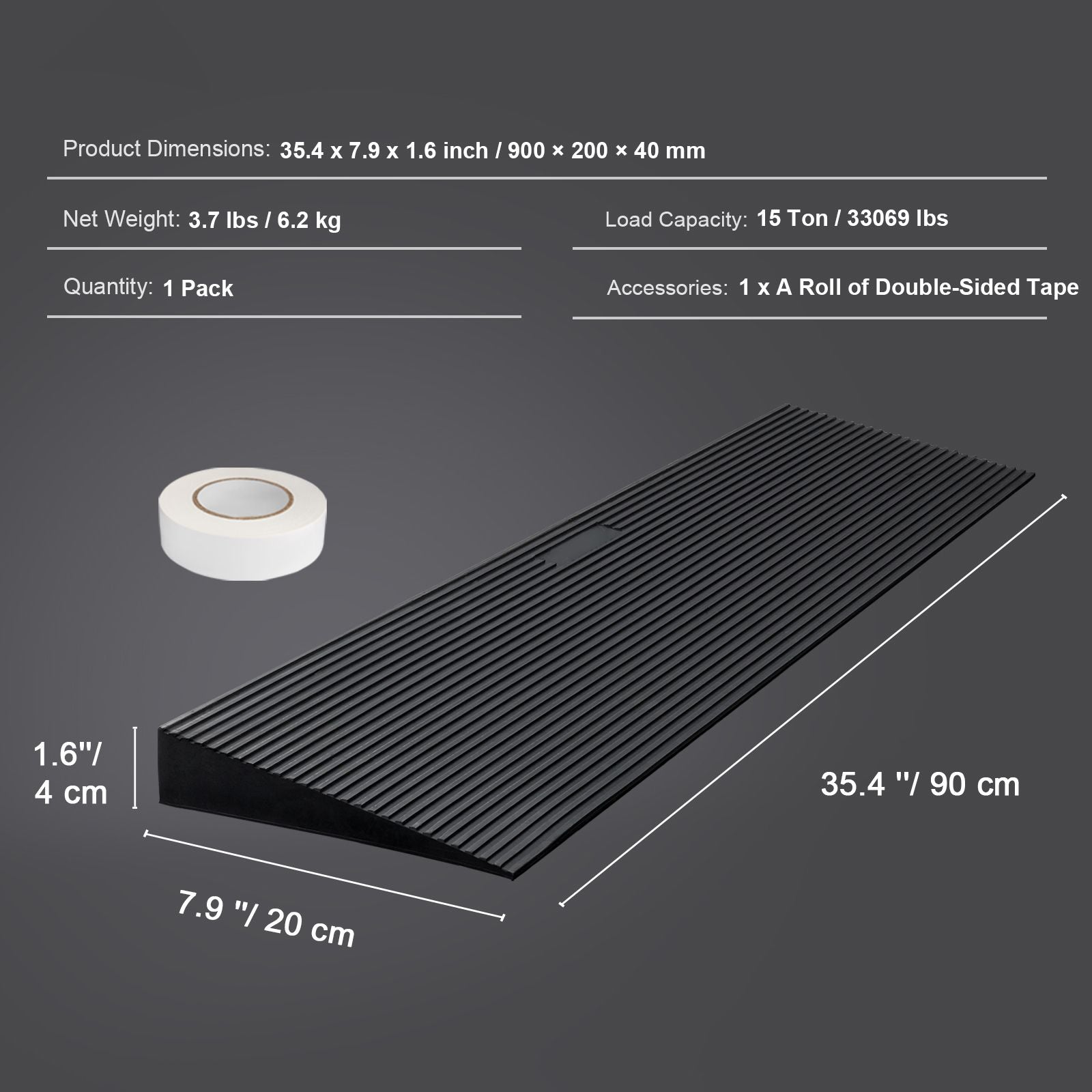 4 cm Rise Cuttable Threshold Ramp for Sweeping Robot, 90 cm Wide Natural Rubber Wheelchair Ramp, Non-Slip Solid Rubber Ramp with Double-Sided Tape for Doorways, Driveways, Bathroom, Smooth Tile