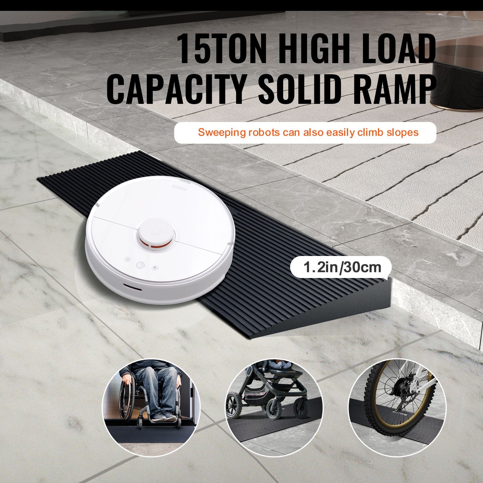 3 cm Rise Cuttable Threshold Ramp for Sweeping Robot, 90 cm Wide Natural Rubber Wheelchair Ramp, Non-Slip Solid Rubber Ramp with Double-Sided Tape for Doorways, Driveways, Bathroom, Smooth Tile