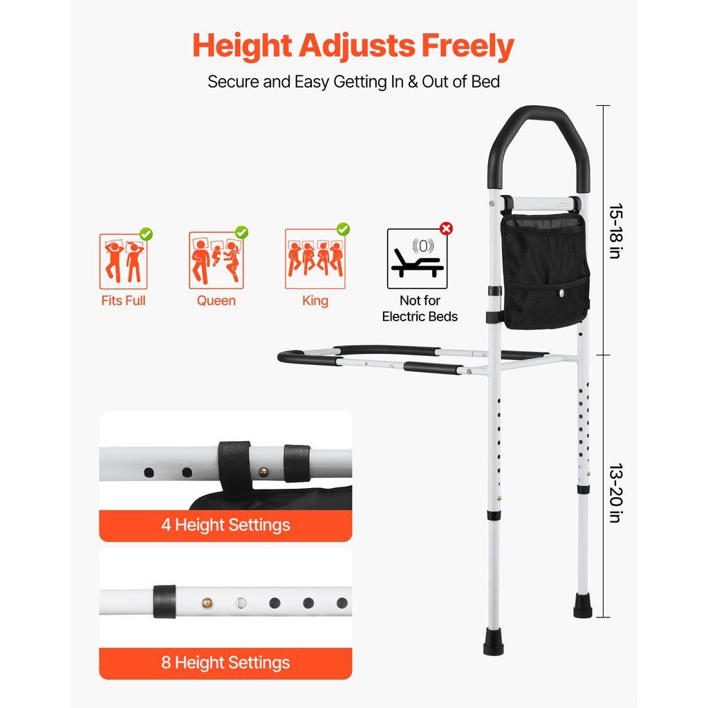 Bed Rail for Elderly, Bedside Assist Rails with Supporting Leg and PU Handrail, Adjustable Height Carbon Steel Pipe Bedside Cane, Bed Bars for Seniors & Patients, Fits King, Queen, Full, Twin