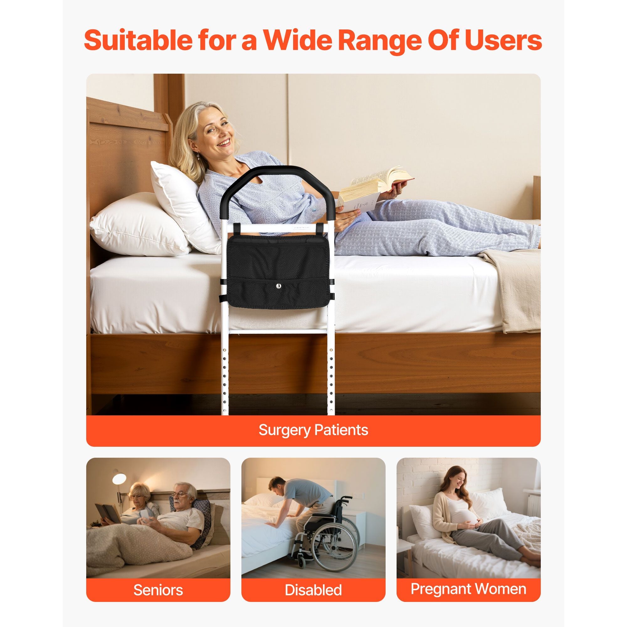 Bed Rail for Elderly, Bedside Assist Rails with Supporting Leg and PU Handrail, Adjustable Height Carbon Steel Pipe Bedside Cane, Bed Bars for Seniors & Patients, Fits King, Queen, Full, Twin