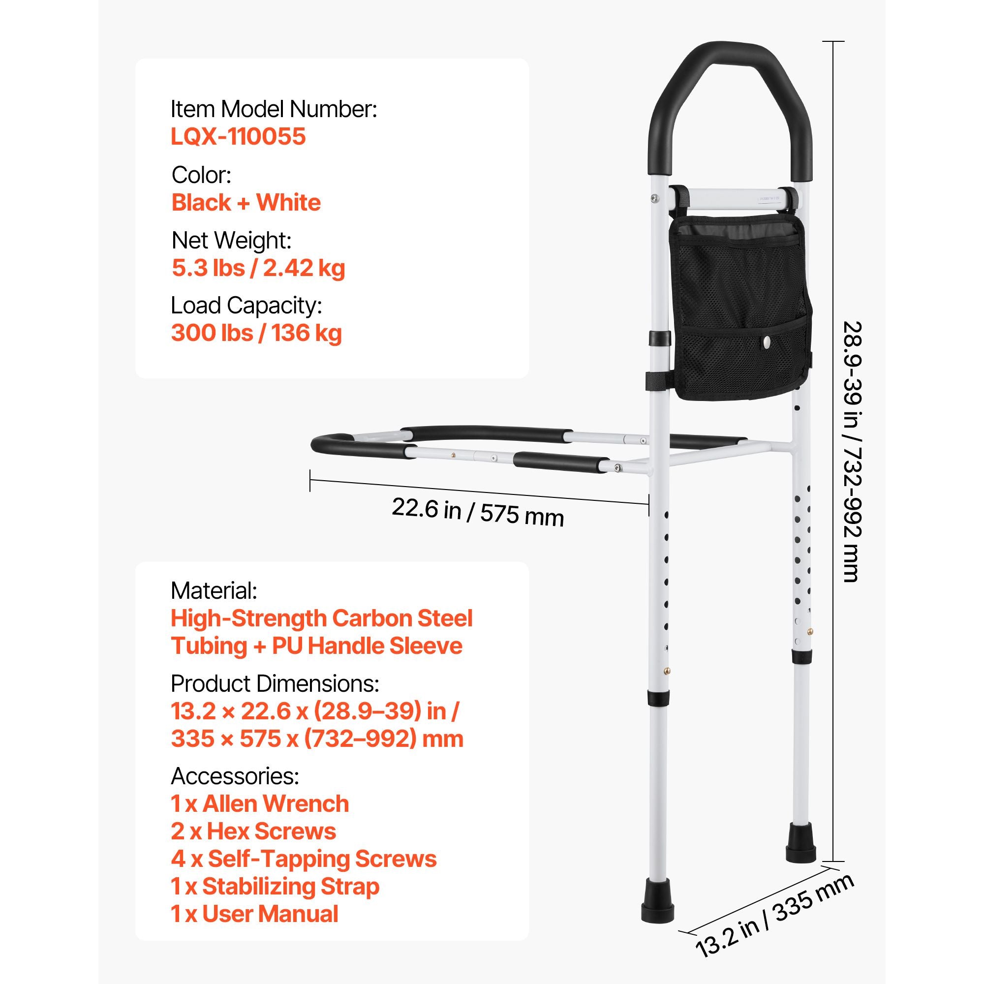Bed Rail for Elderly, Bedside Assist Rails with Supporting Leg and PU Handrail, Adjustable Height Carbon Steel Pipe Bedside Cane, Bed Bars for Seniors & Patients, Fits King, Queen, Full, Twin