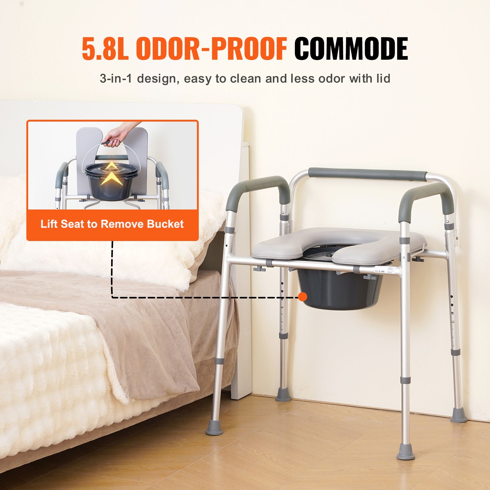 Commode Chair, Bedside Commode with Padded Seat and Arms, 7-Level Adjustable Height, 5.8L Removable Bucket, Easy to Assemble, 350 LBS Capacity, Raised Toilet Seat for Adults Seniors