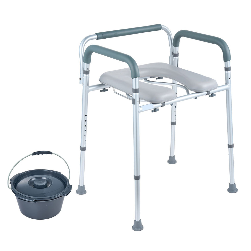 Commode Chair, Bedside Commode with Padded Seat and Arms, 7-Level Adjustable Height, 5.8L Removable Bucket, Easy to Assemble, 350 LBS Capacity, Raised Toilet Seat for Adults Seniors