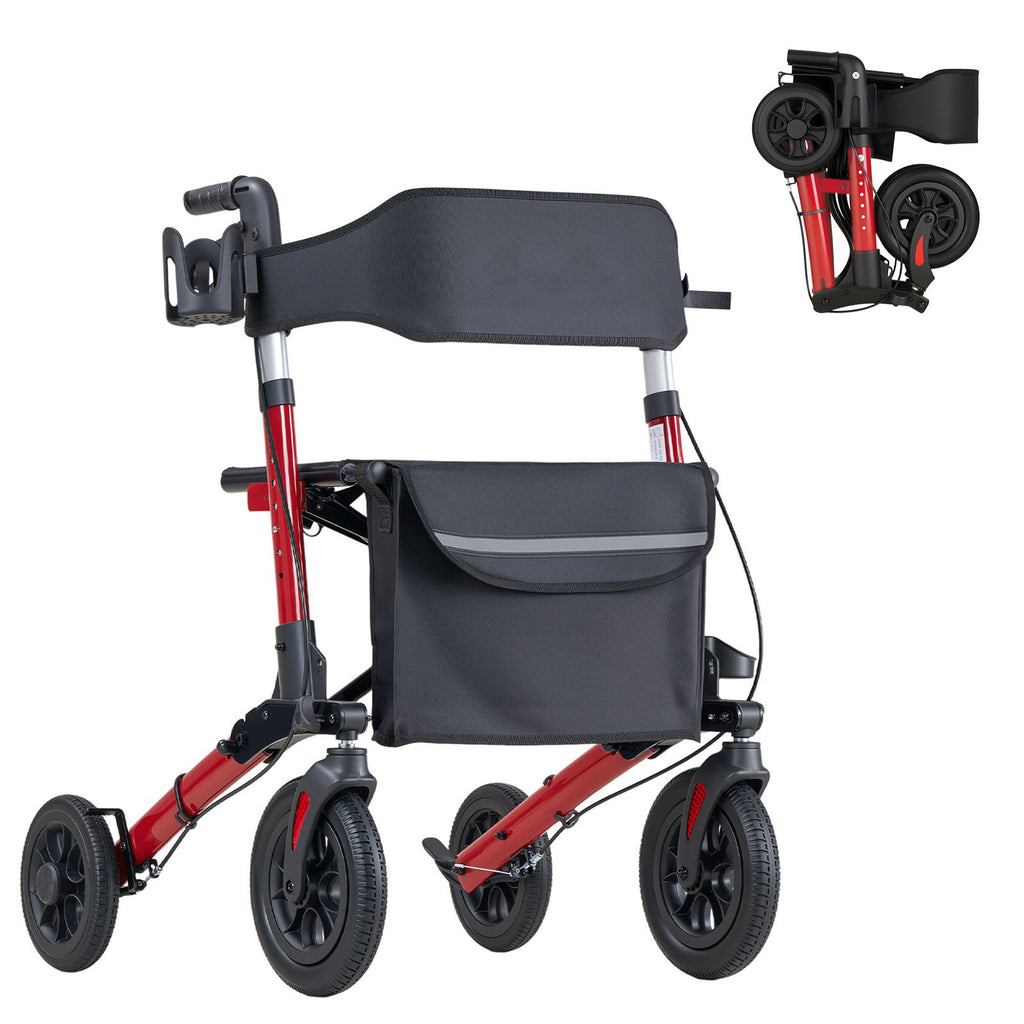 Rollator Walker with Seat for Seniors, Ultra Compact 3-Fold Rolling Walker, Lightweight Aluminum Mobility Walking Aid with PU Solid Wheels, Adjustable Handle, Cup & Cane Holder - Supports 136kg