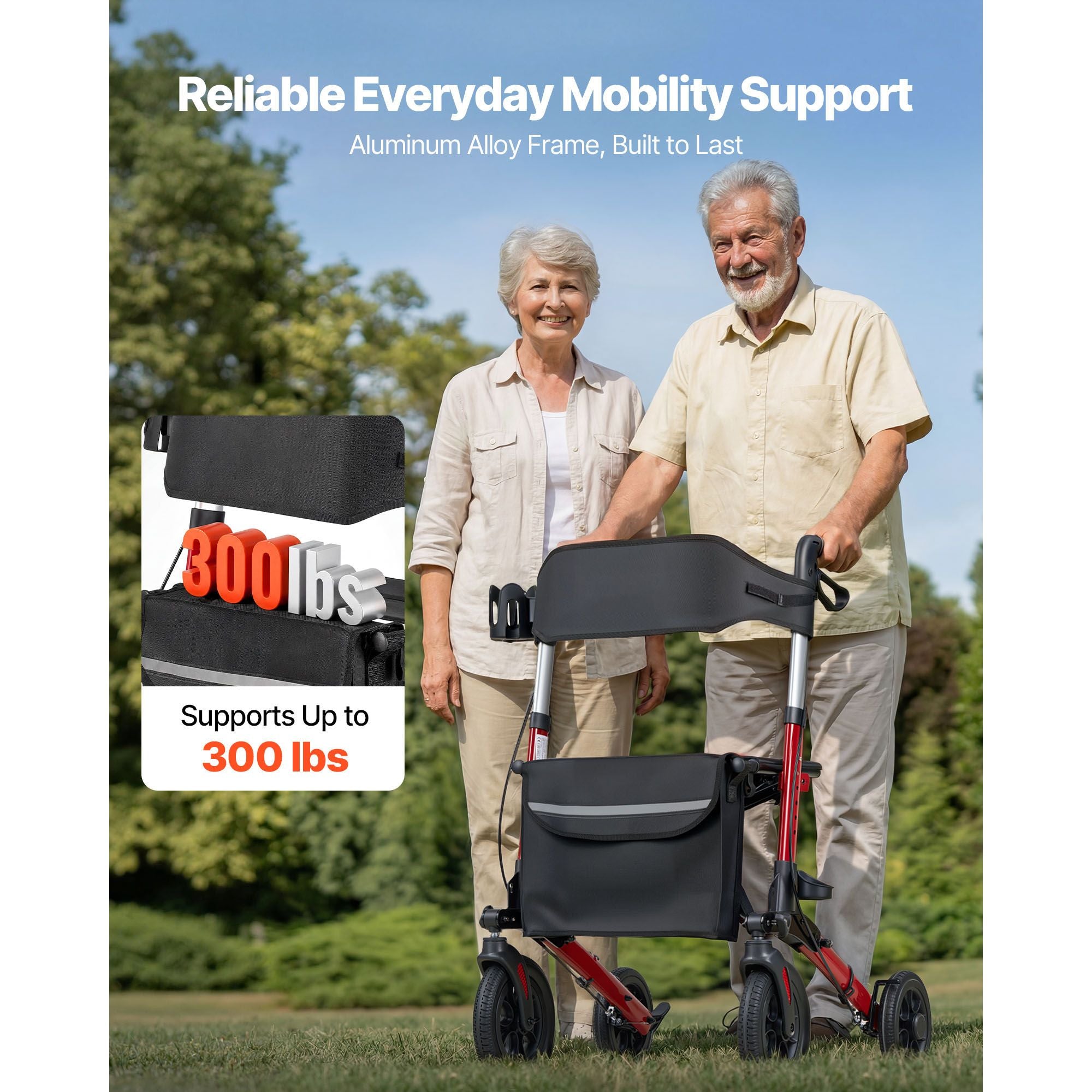 Rollator Walker with Seat for Seniors, Ultra Compact 3-Fold Rolling Walker, Lightweight Aluminum Mobility Walking Aid with PU Solid Wheels, Adjustable Handle, Cup & Cane Holder - Supports 136kg