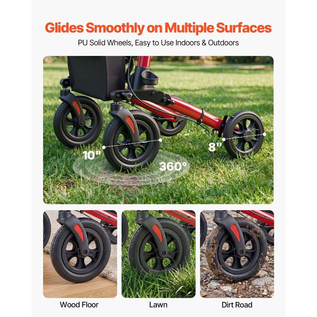 Rollator Walker with Seat for Seniors, Ultra Compact 3-Fold Rolling Walker, Lightweight Aluminum Mobility Walking Aid with PU Solid Wheels, Adjustable Handle, Cup & Cane Holder - Supports 136kg
