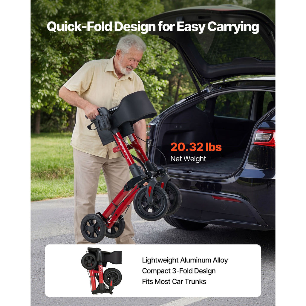 Rollator Walker with Seat for Seniors, Ultra Compact 3-Fold Rolling Walker, Lightweight Aluminum Mobility Walking Aid with PU Solid Wheels, Adjustable Handle, Cup & Cane Holder - Supports 136kg
