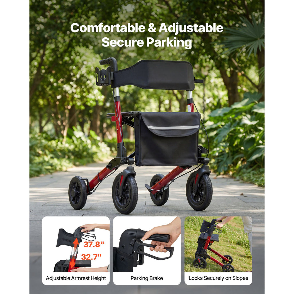 Rollator Walker with Seat for Seniors, Ultra Compact 3-Fold Rolling Walker, Lightweight Aluminum Mobility Walking Aid with PU Solid Wheels, Adjustable Handle, Cup & Cane Holder - Supports 136kg