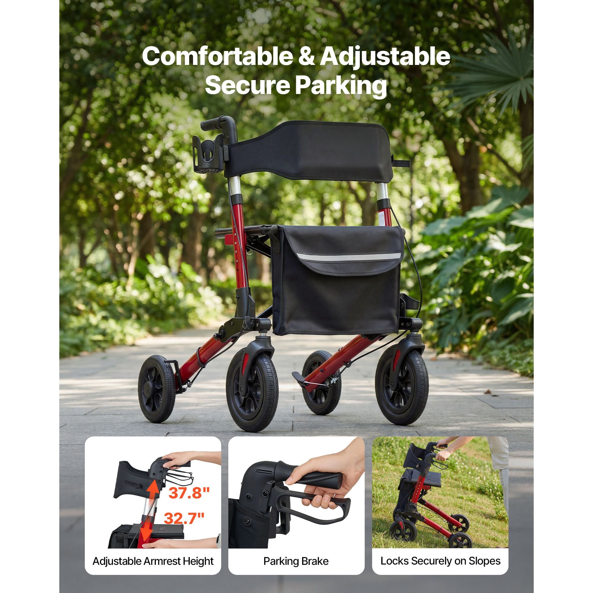 Rollator Walker with Seat for Seniors, Ultra Compact 3-Fold Rolling Walker, Lightweight Aluminum Mobility Walking Aid with PU Solid Wheels, Adjustable Handle, Cup & Cane Holder - Supports 136kg