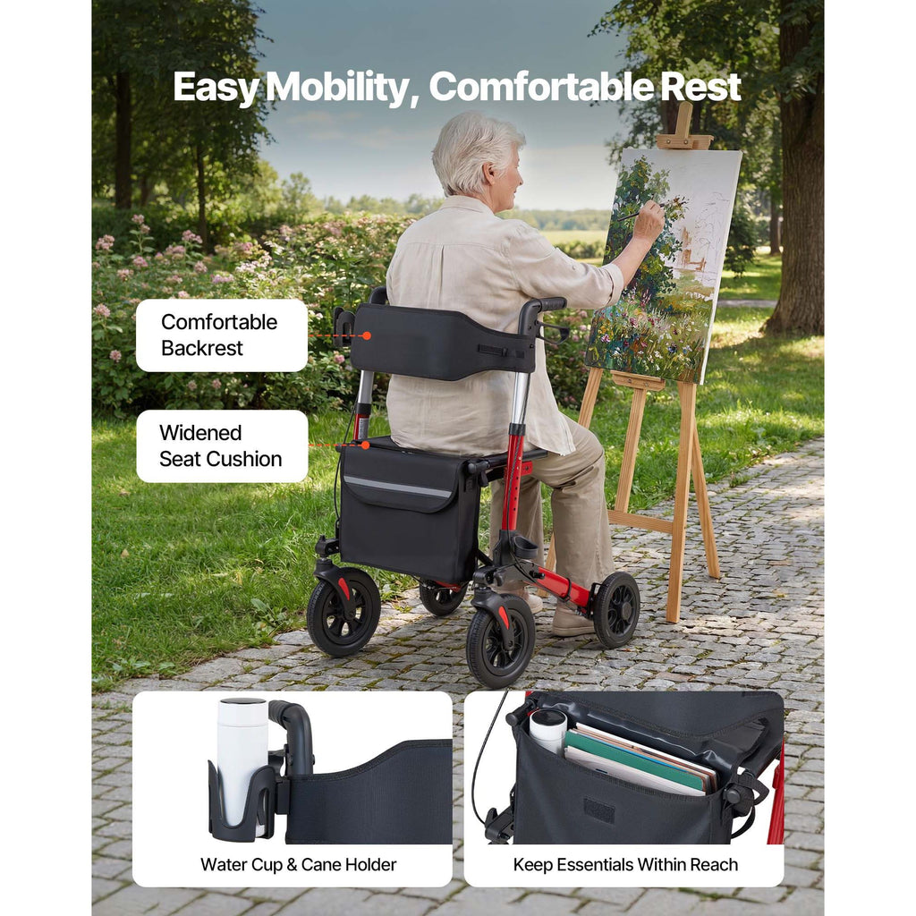 Rollator Walker with Seat for Seniors, Ultra Compact 3-Fold Rolling Walker, Lightweight Aluminum Mobility Walking Aid with PU Solid Wheels, Adjustable Handle, Cup & Cane Holder - Supports 136kg