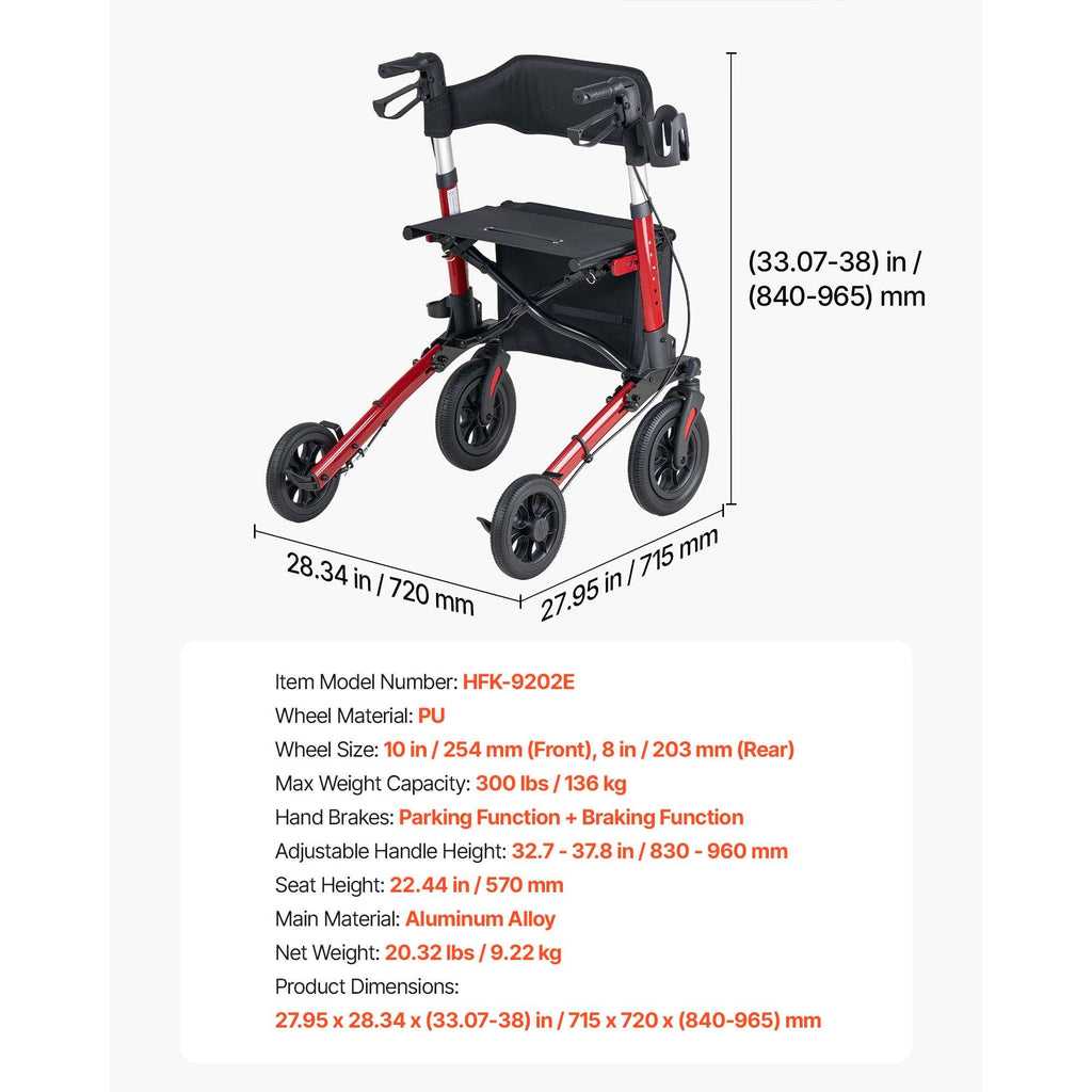 Rollator Walker with Seat for Seniors, Ultra Compact 3-Fold Rolling Walker, Lightweight Aluminum Mobility Walking Aid with PU Solid Wheels, Adjustable Handle, Cup & Cane Holder - Supports 136kg